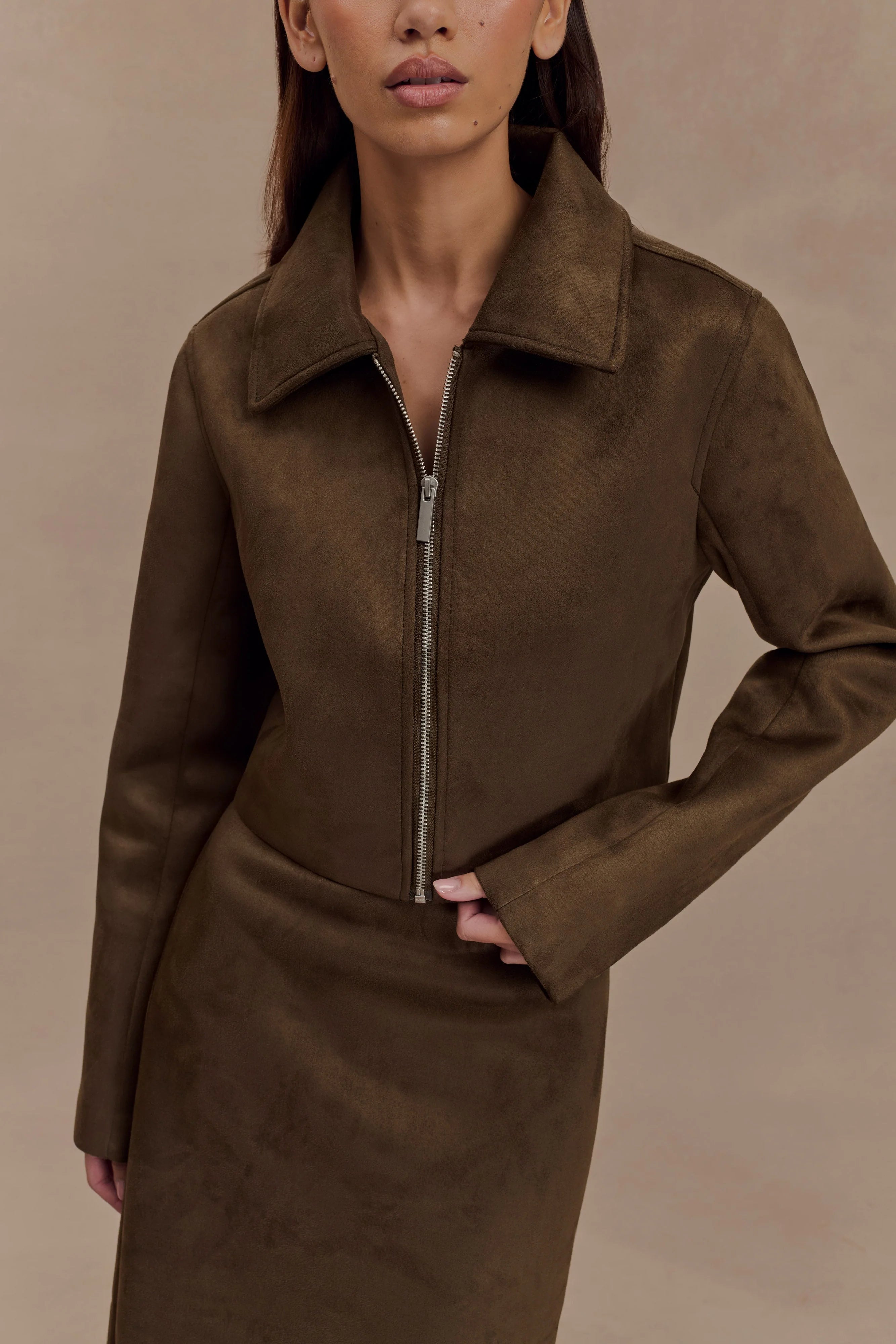 Hayes Faux Suede Collared Jacket Chocolate