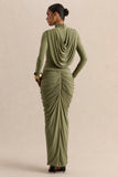 Harmona Olive High Neck Maxi Dress With Gathered And Draped Detailing