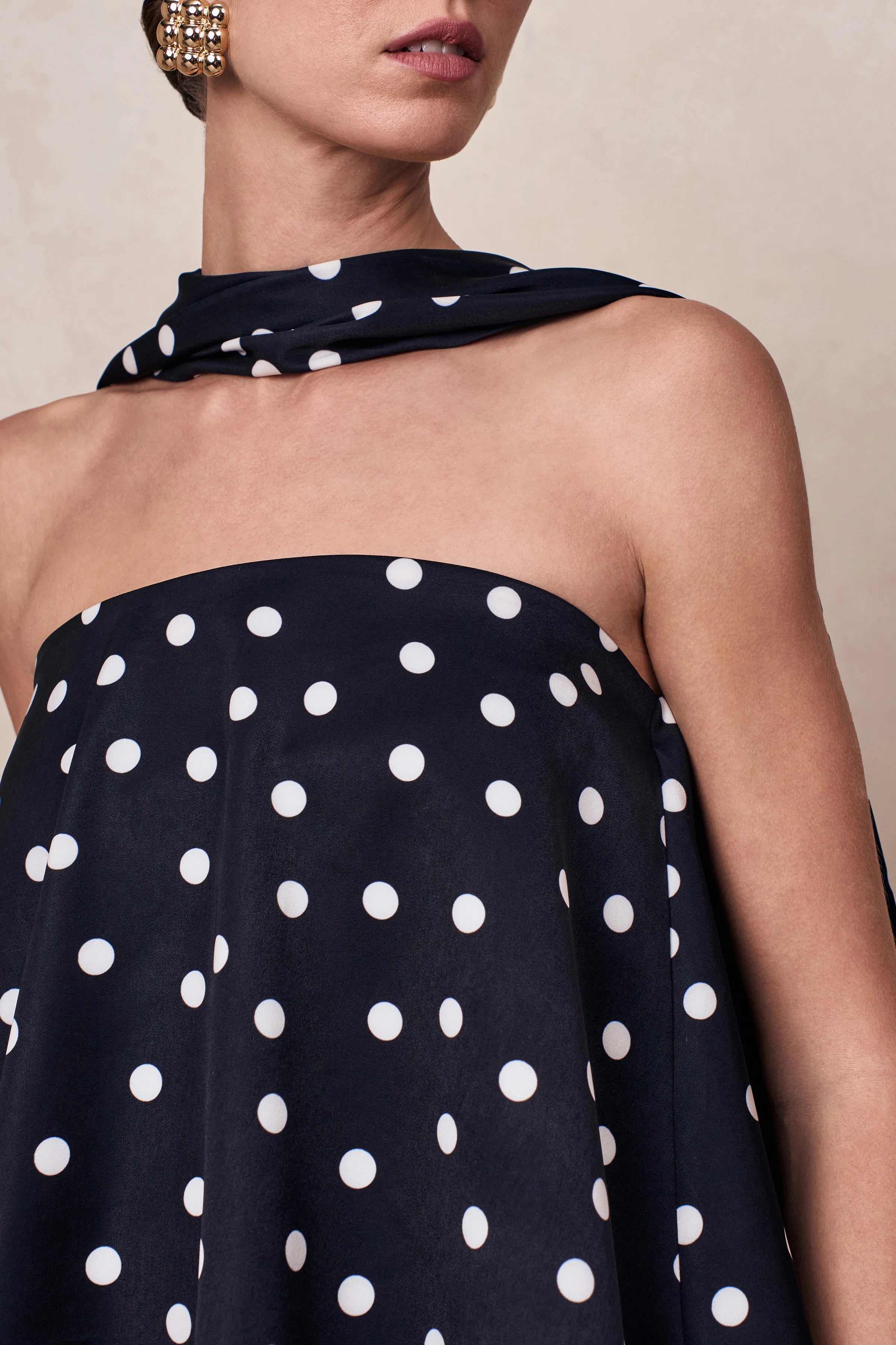 Evandra Black White Satin Polka Dot Bandeau Top With Scarf