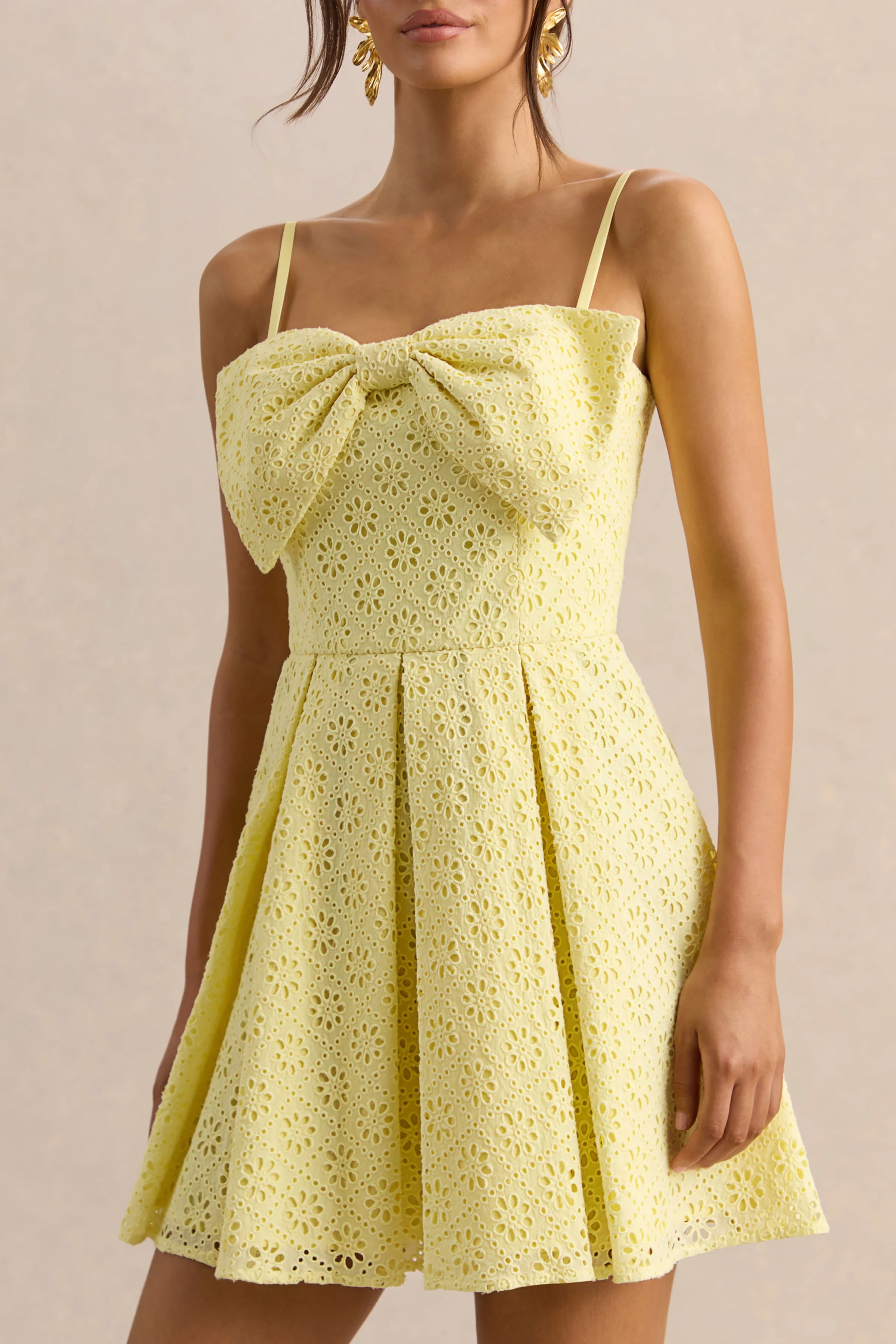 Elina Lemon Square Neck Mini Dress With Bow Detail