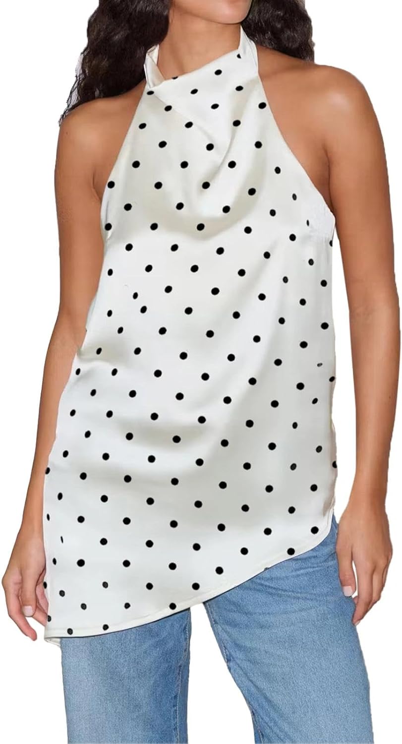 Women Polka Dot Satin Halter Top Backless Side Slit Tank Tops Going Out Clubwear