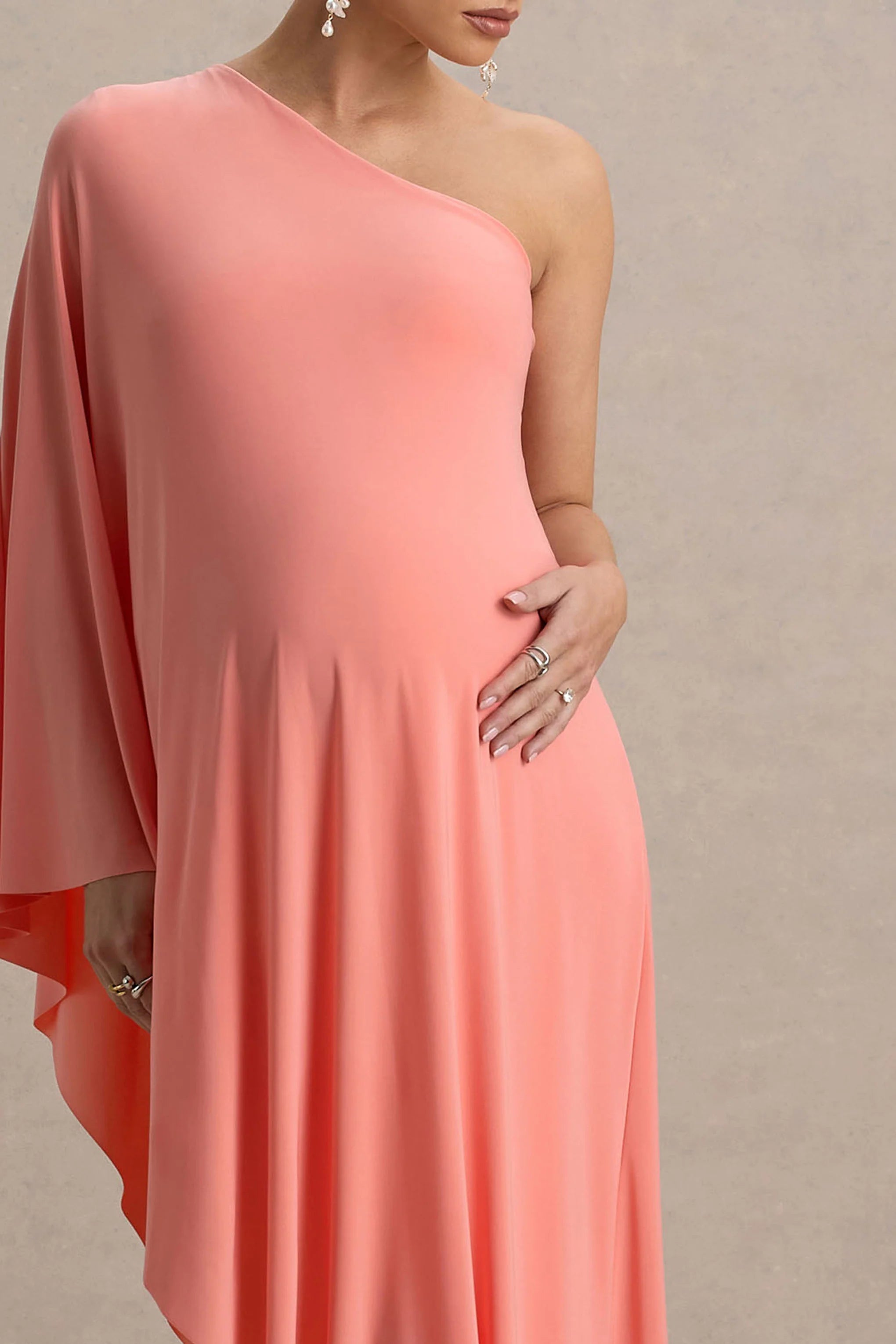 Waves Coral Asymmetric Maternity Maxi Dress With One Sleeve Cape