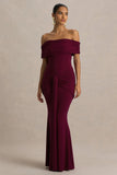 Envisioned Burgundy Bardot Neck Maxi Dress With Gathered And Drape Detail