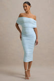 Rayleigh Powder Blue Bardot Ruched Midi Dress