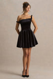 Leticia Black Asymmetric Neck Velvet Mini Dress With Twist Sleeve