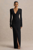 Jewel Black Plunge Neck Maxi Dress With Front Split and Ruched Detailing