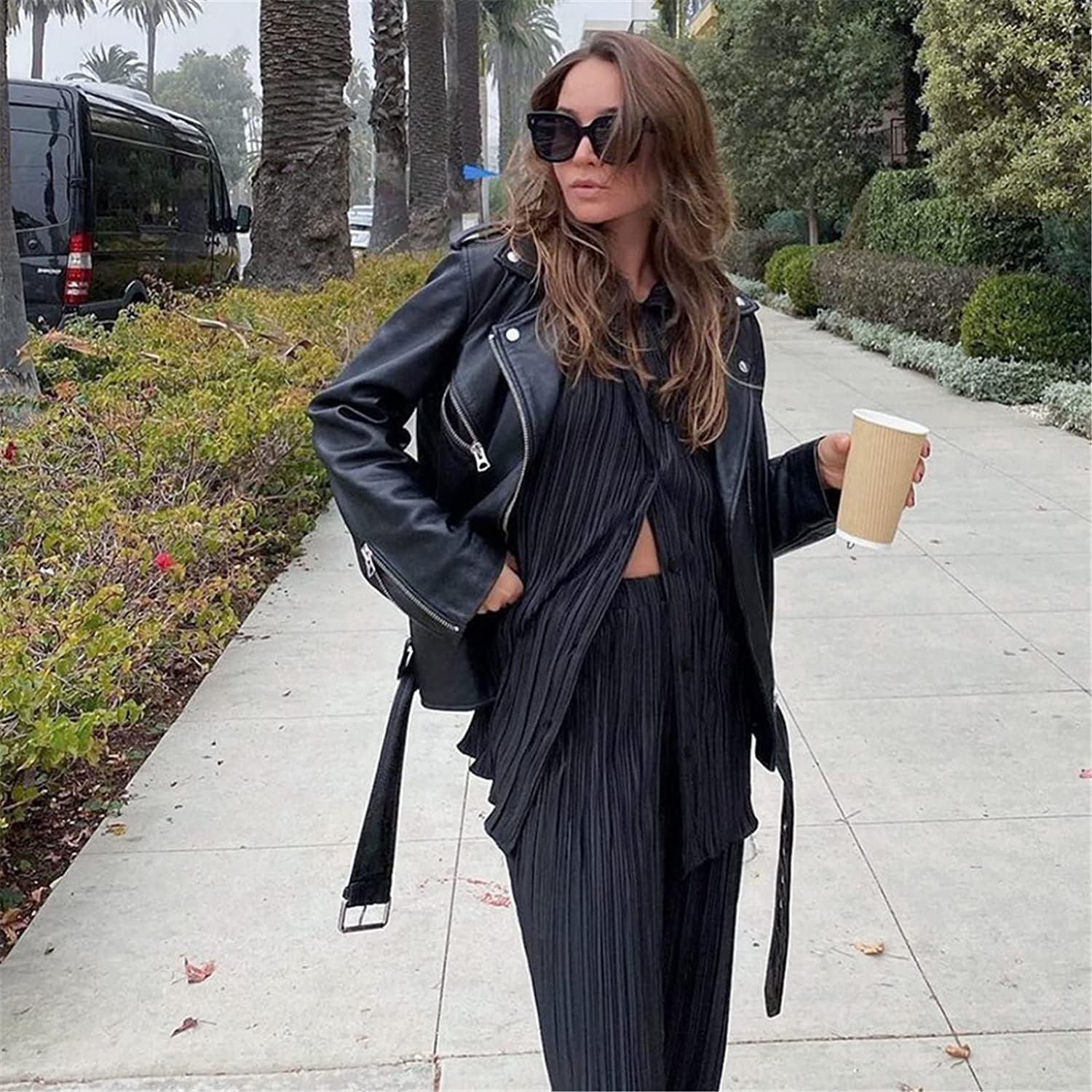 Pleated 2 Piece Outfits for Women Long Sleeve Oversized Button Down Shirt Wide Leg Pants Sets Casual Loungewear