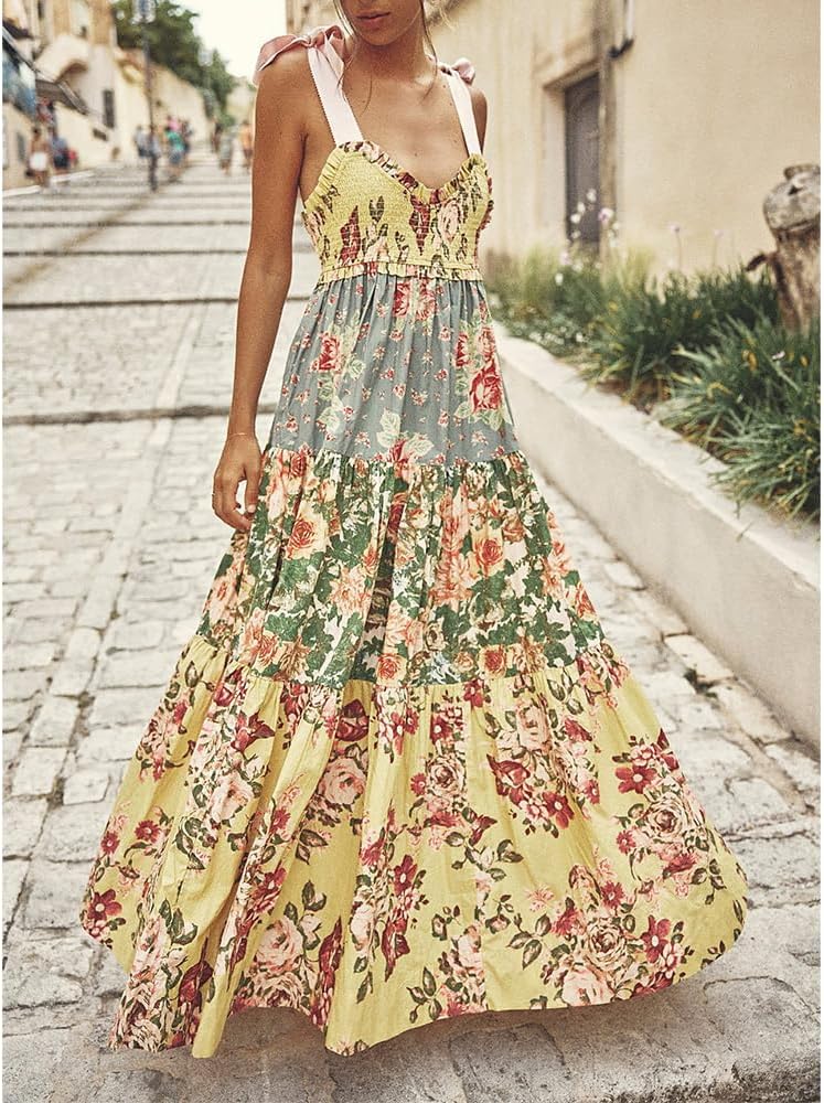 Women Floral Maxi Dress Tie Shoulder Patchwork Smocked Flowy Boho Dress with Pockets Summer Vacation Sundress