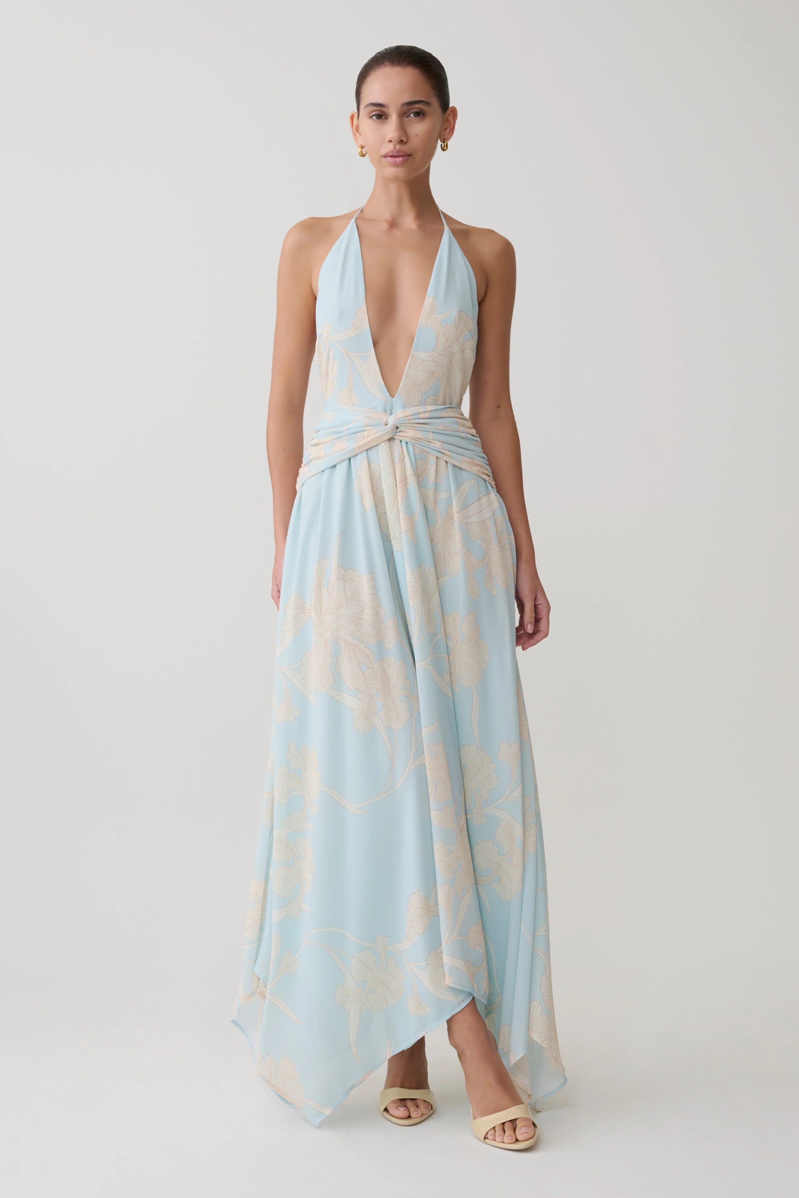 Cyra Plunge Chiffon Midi Dress Blue Floral Print