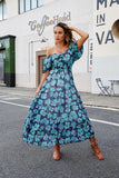 Women Floral Maxi Dress Short Puff Sleeve V Neck Bohemian Flowy Dress Smocked Casual Spring Summer Dresses