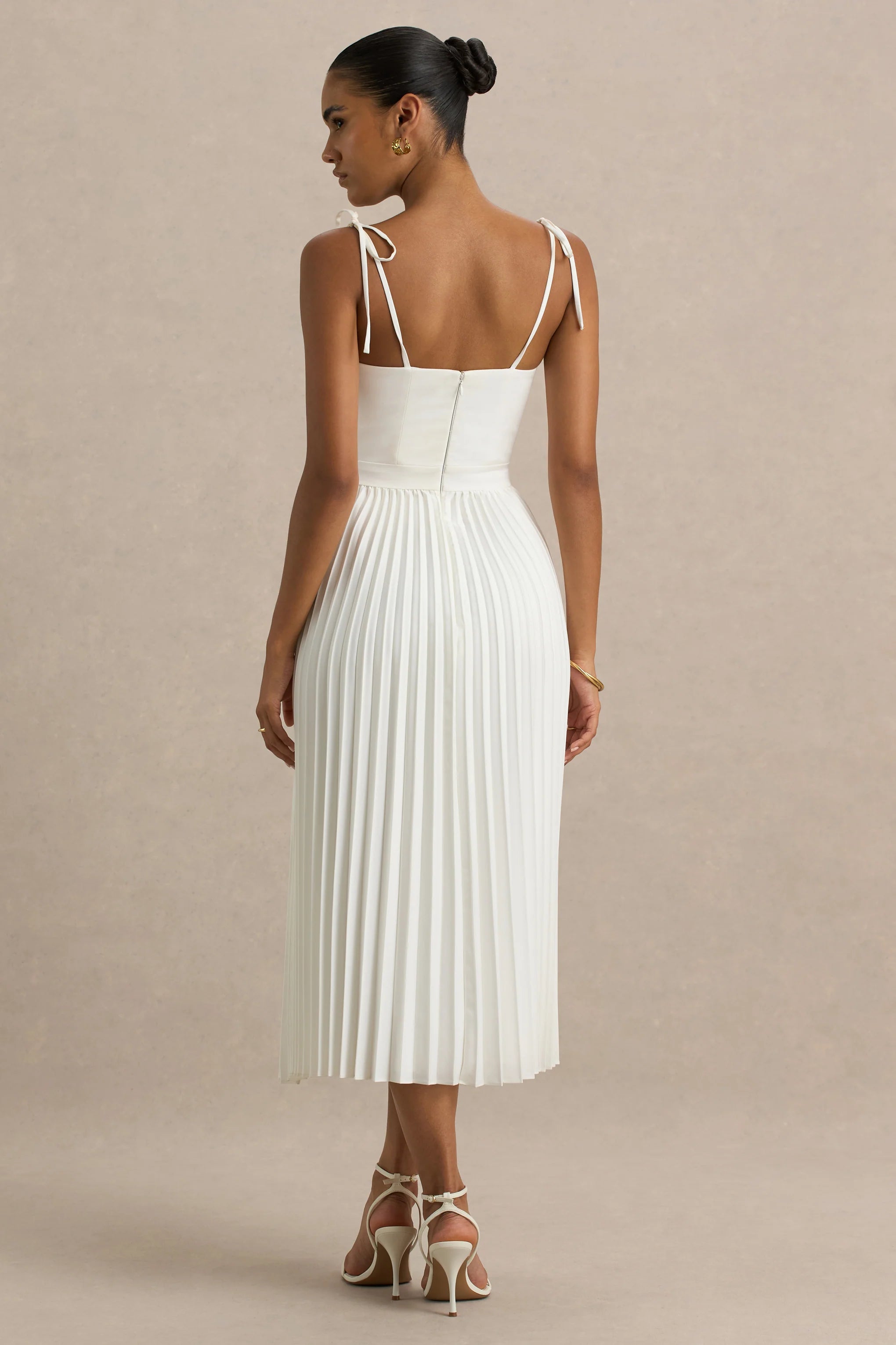 Agua Cream Satin Sweetheart Midi Dress With Pleated Skirt