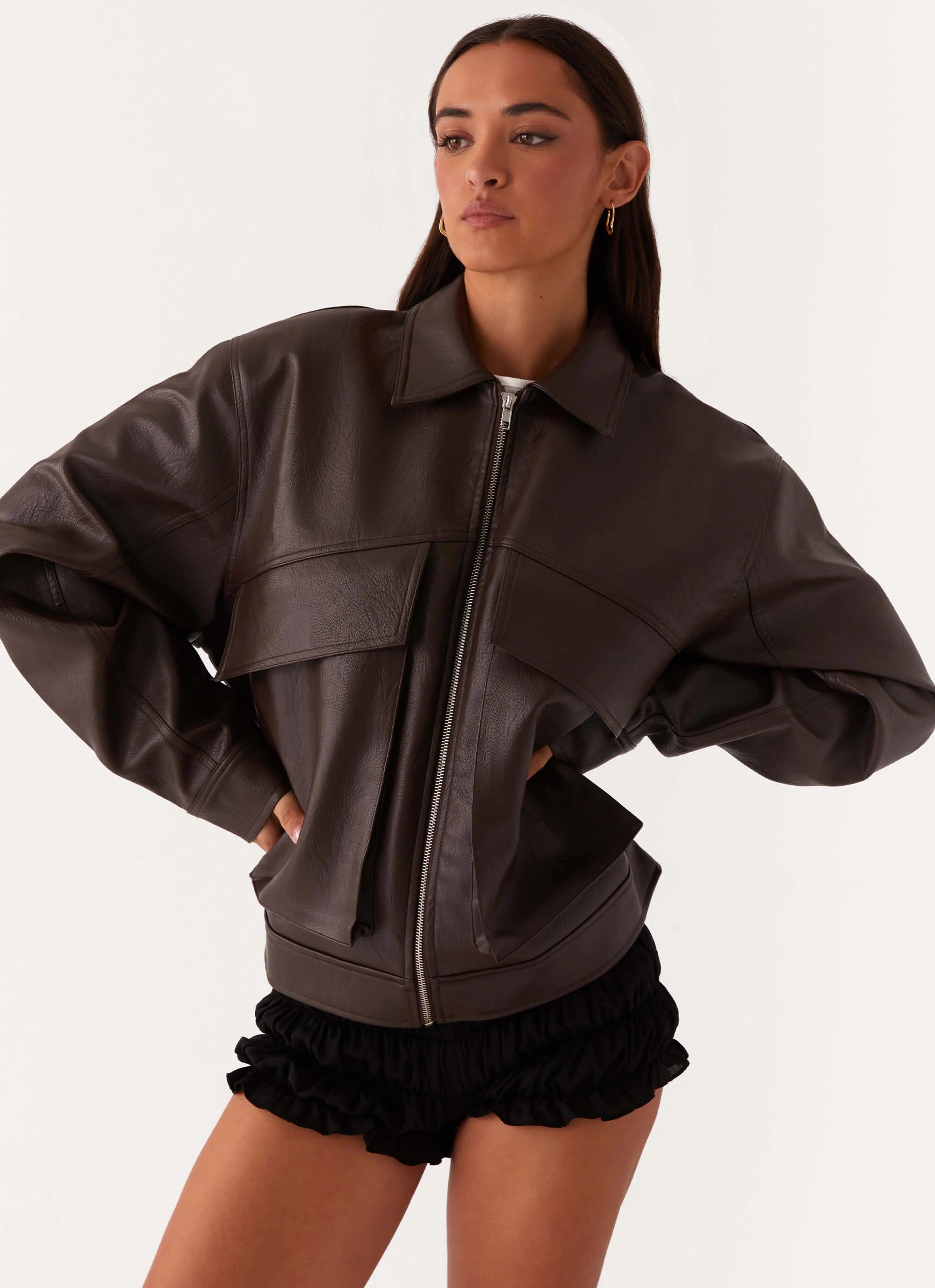 Lula Faux Leather Bomber Jacket Chocolate