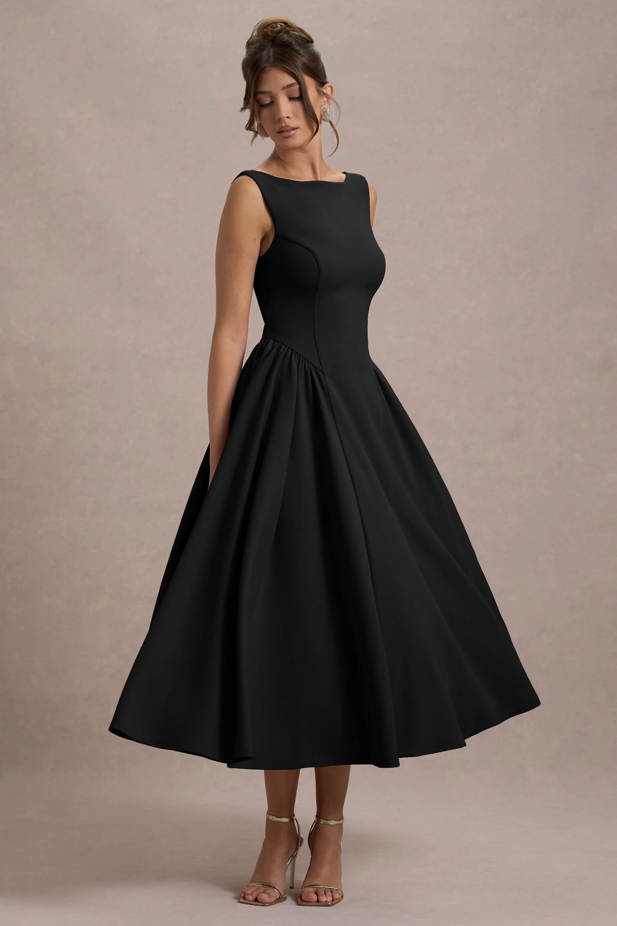 Muriel Black Boat Neck Volume Hem Midi Dress