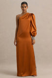 Thelma Orange Satin Asymmetric Maxi Dress With One Sleeve