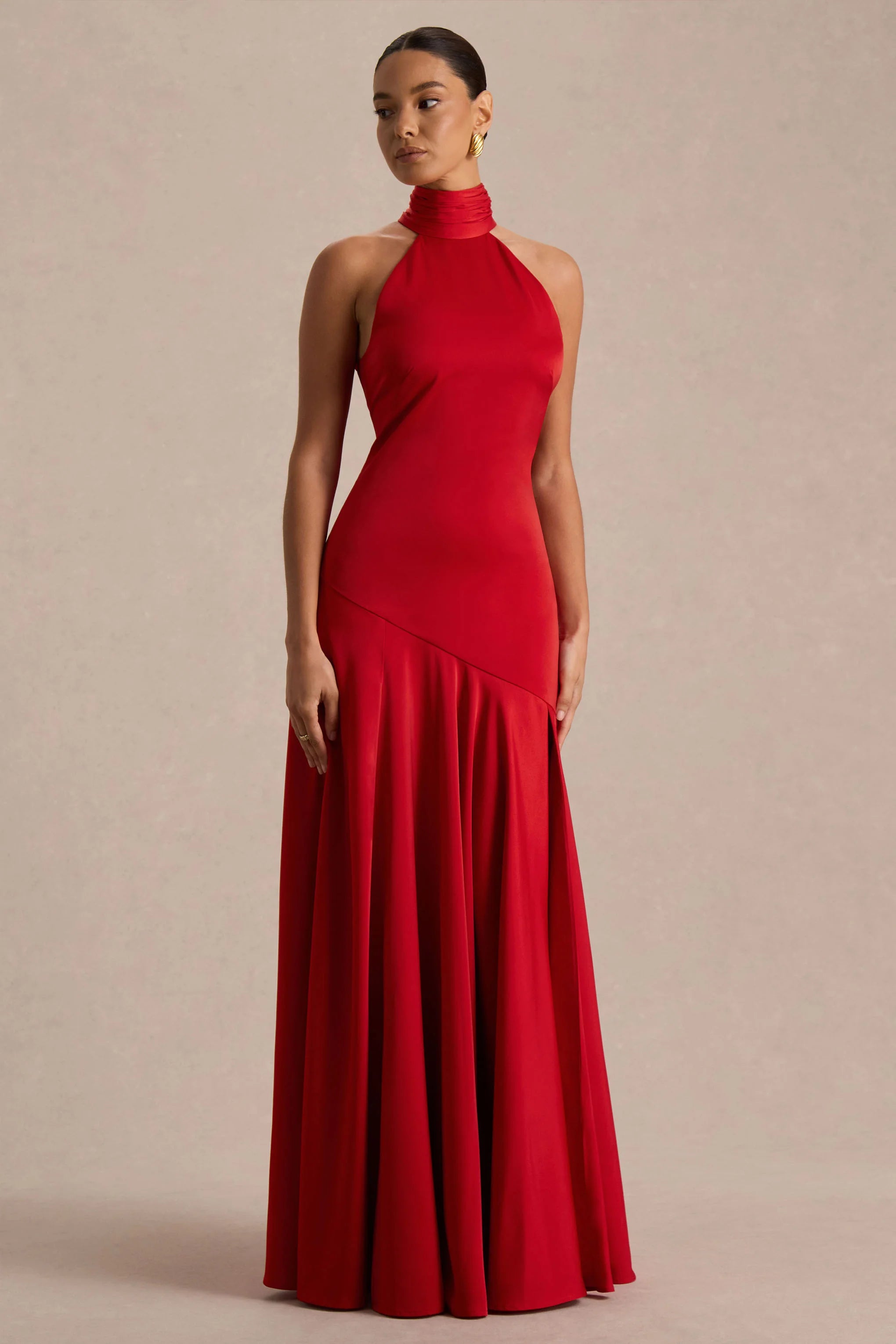 Luscious Red High Neck Maxi Dress With Drop Waist And Bow Detail