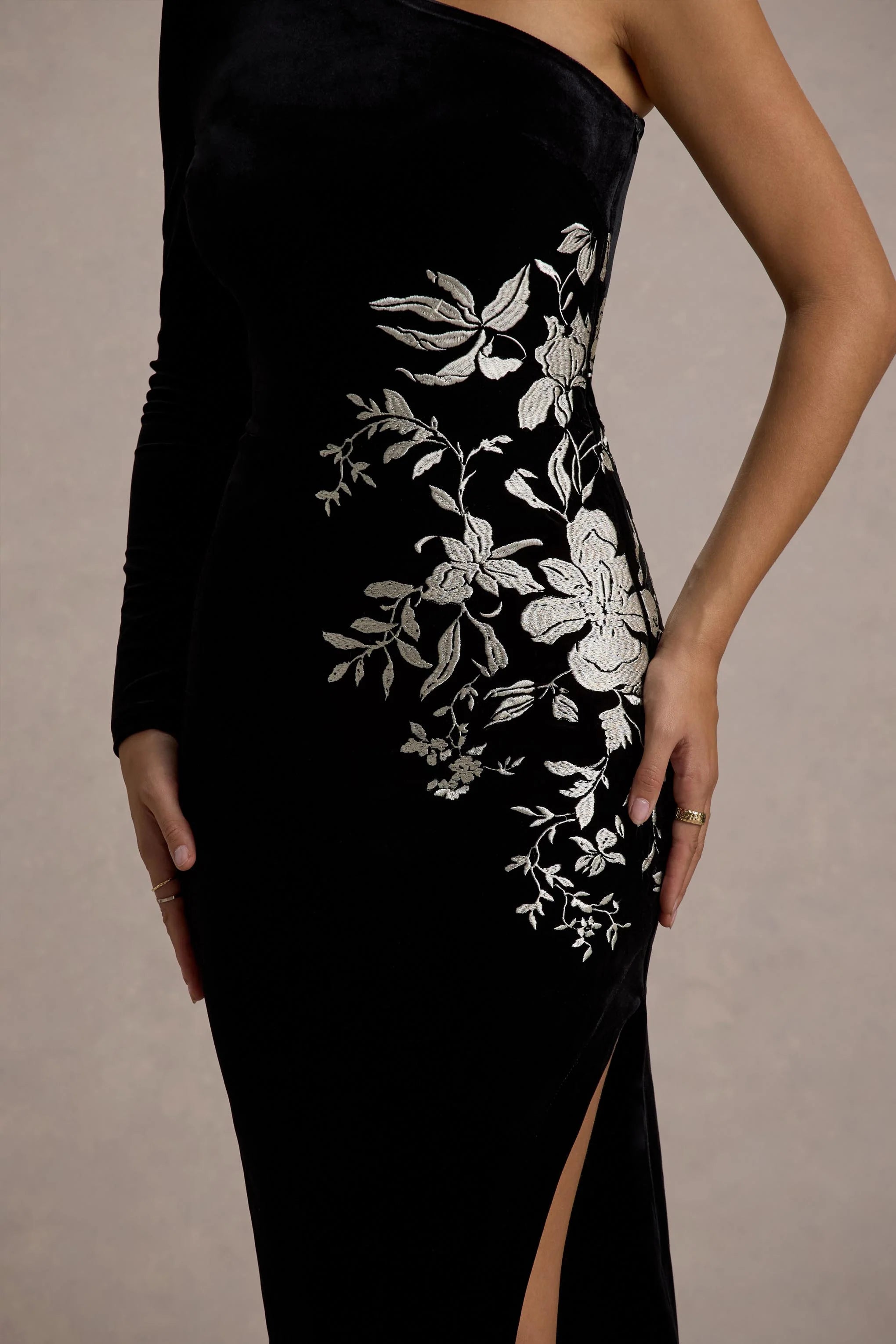 Chance Black Embroidered Velvet One Sleeve Maxi Dress