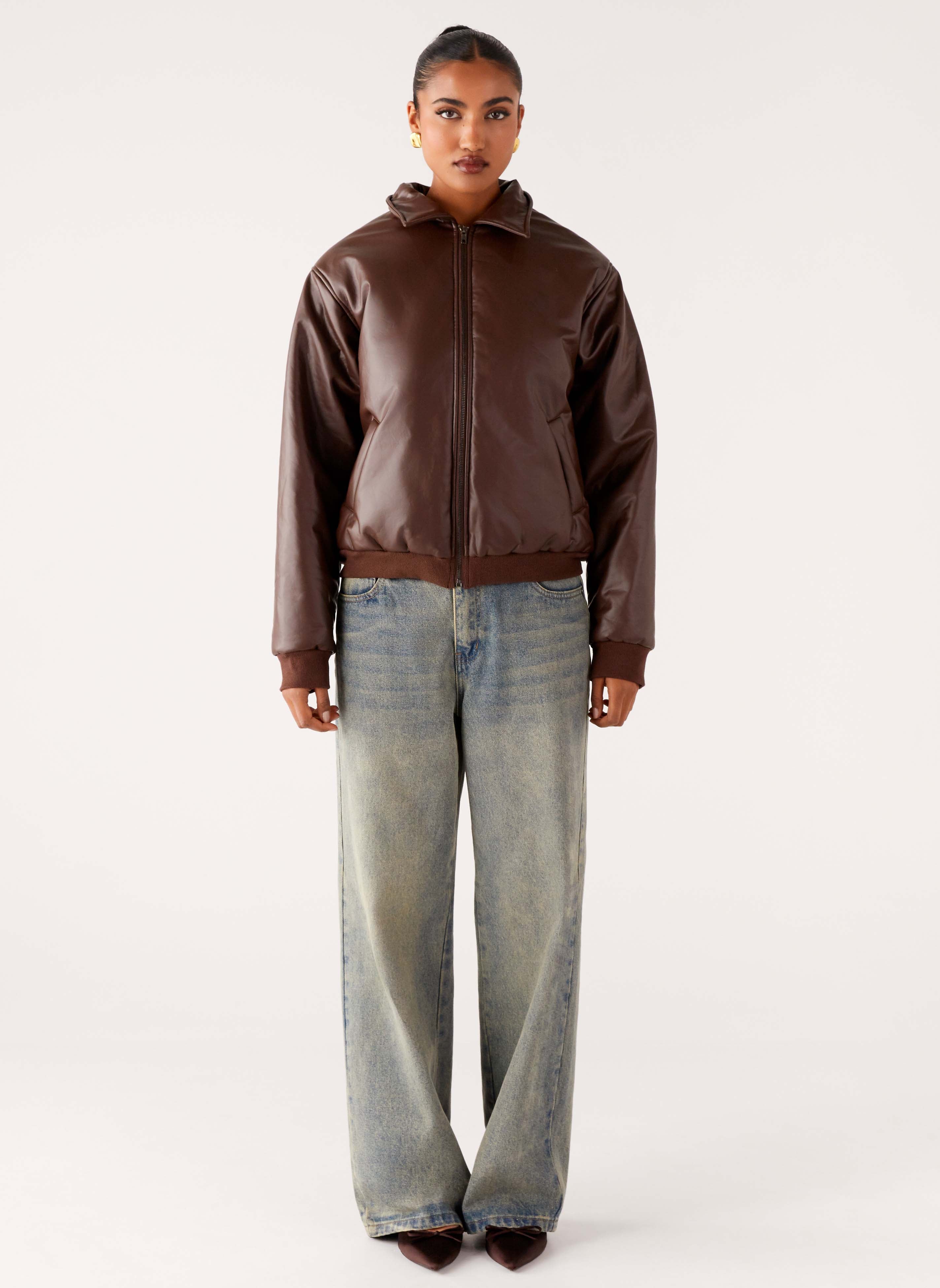 Outlands Faux Leather Bomber Jacket Chocolate
