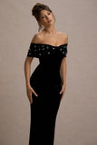 West End Black Velvet Embellished Bardot Maxi Dress