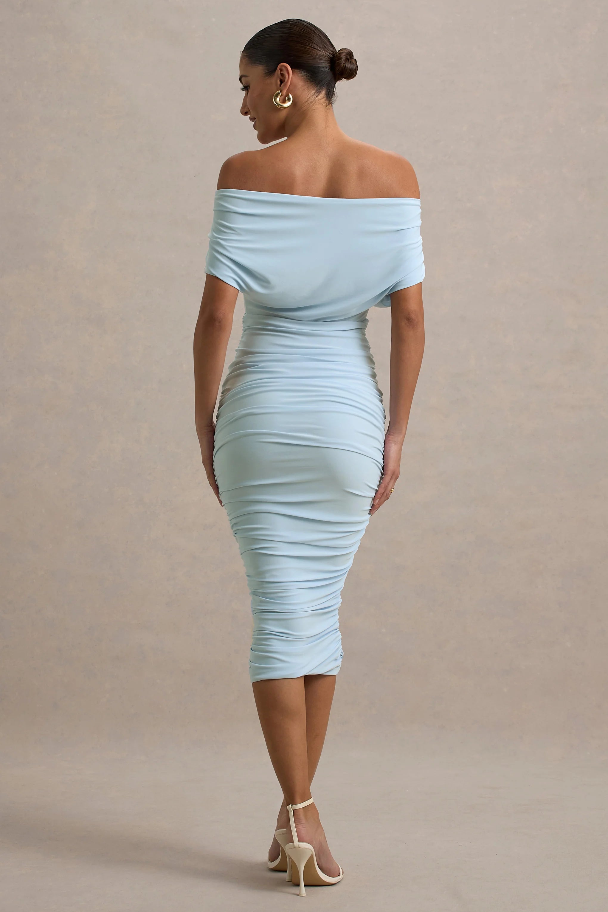 Rayleigh Powder Blue Bardot Ruched Midi Dress