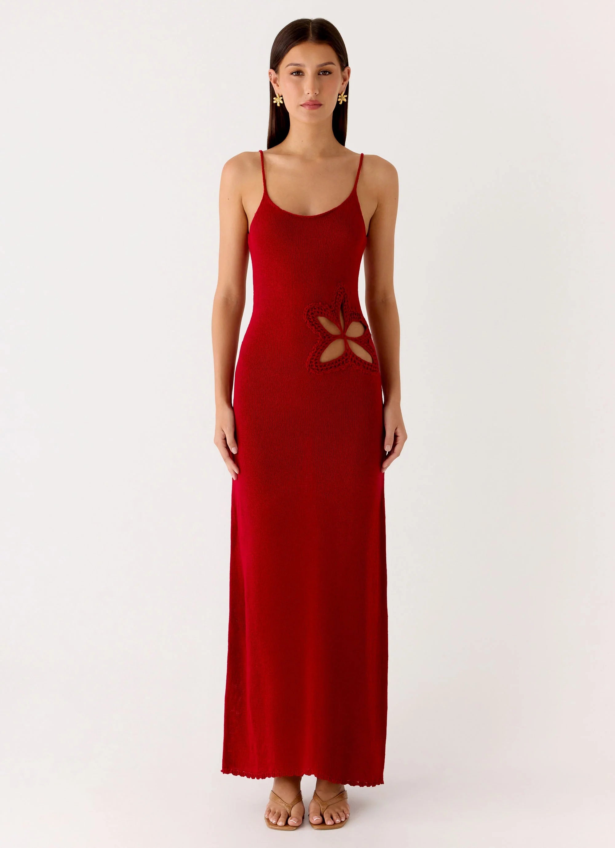 Palm Breeze Flower Crochet Maxi Dress Burnt Red