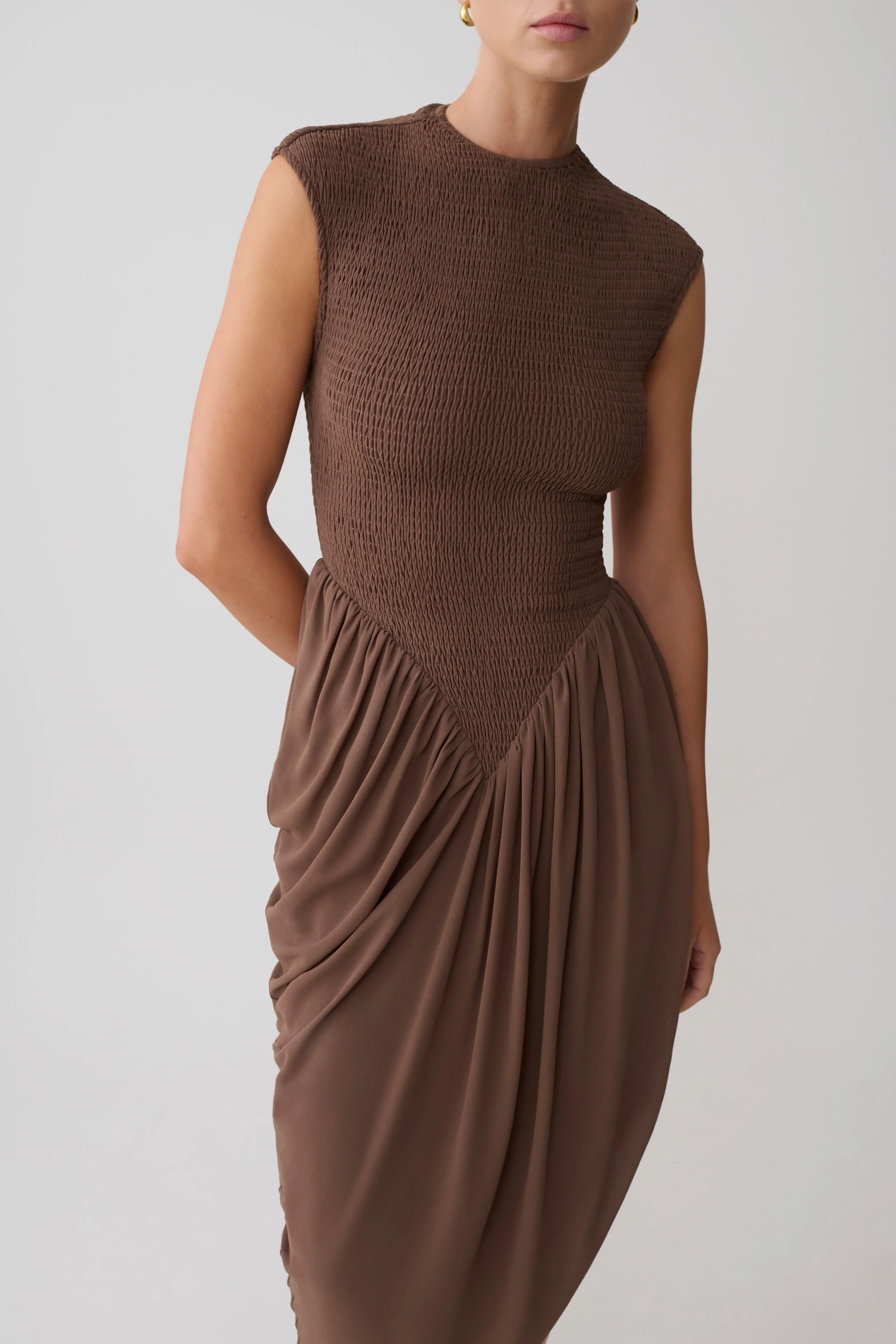 Nola Shirred Asymmetric Midi Dress Mocha