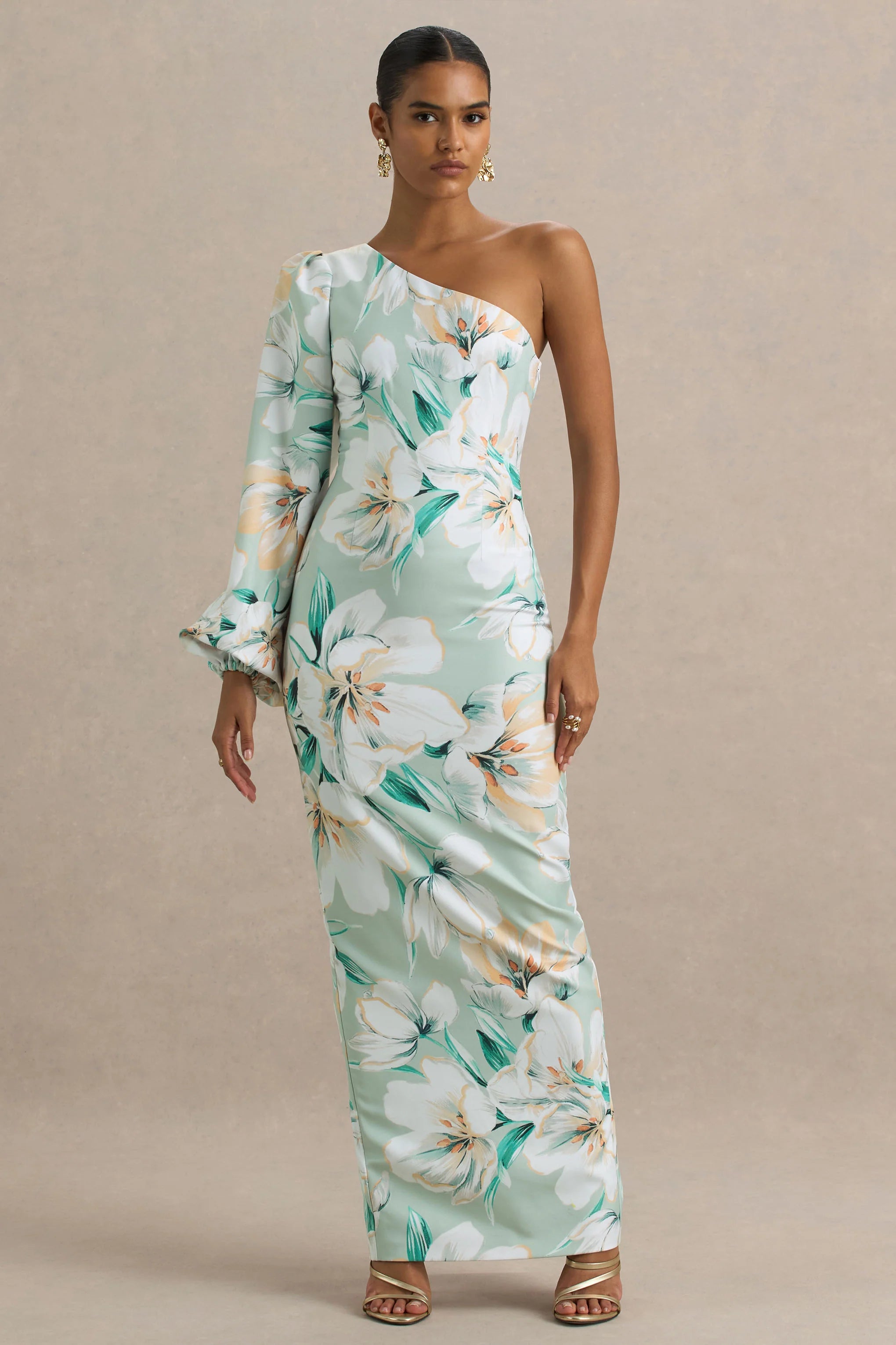 Kellis Green Floral Print Asymmetric Maxi Dress With Balloon Sleeve