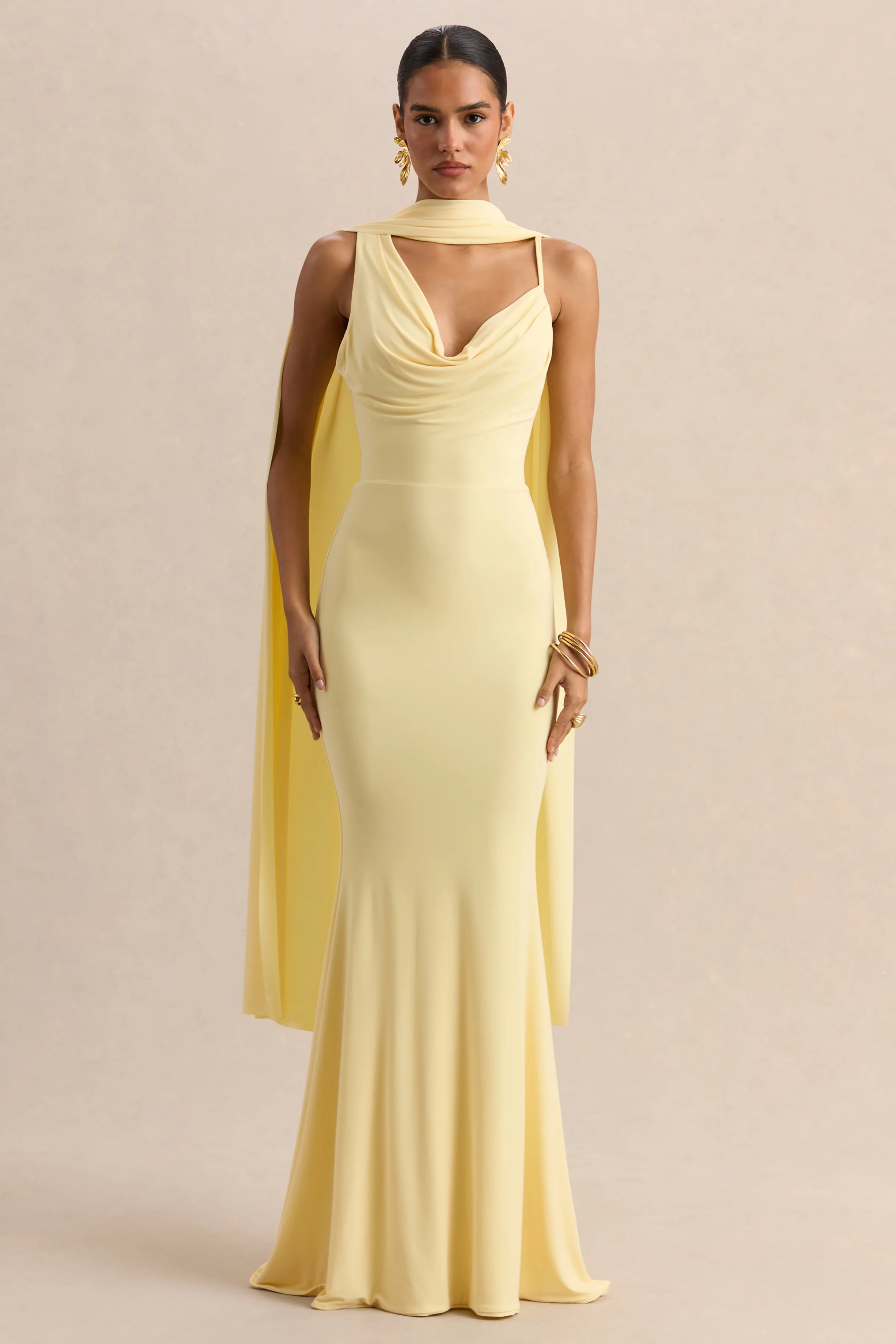 Armelia Lemon Cowl Neck Maxi Dress With Scarf Detail
