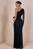 Norna Black Lace Asymmetric Neck Maxi Dress With Cut Out And Bow Details