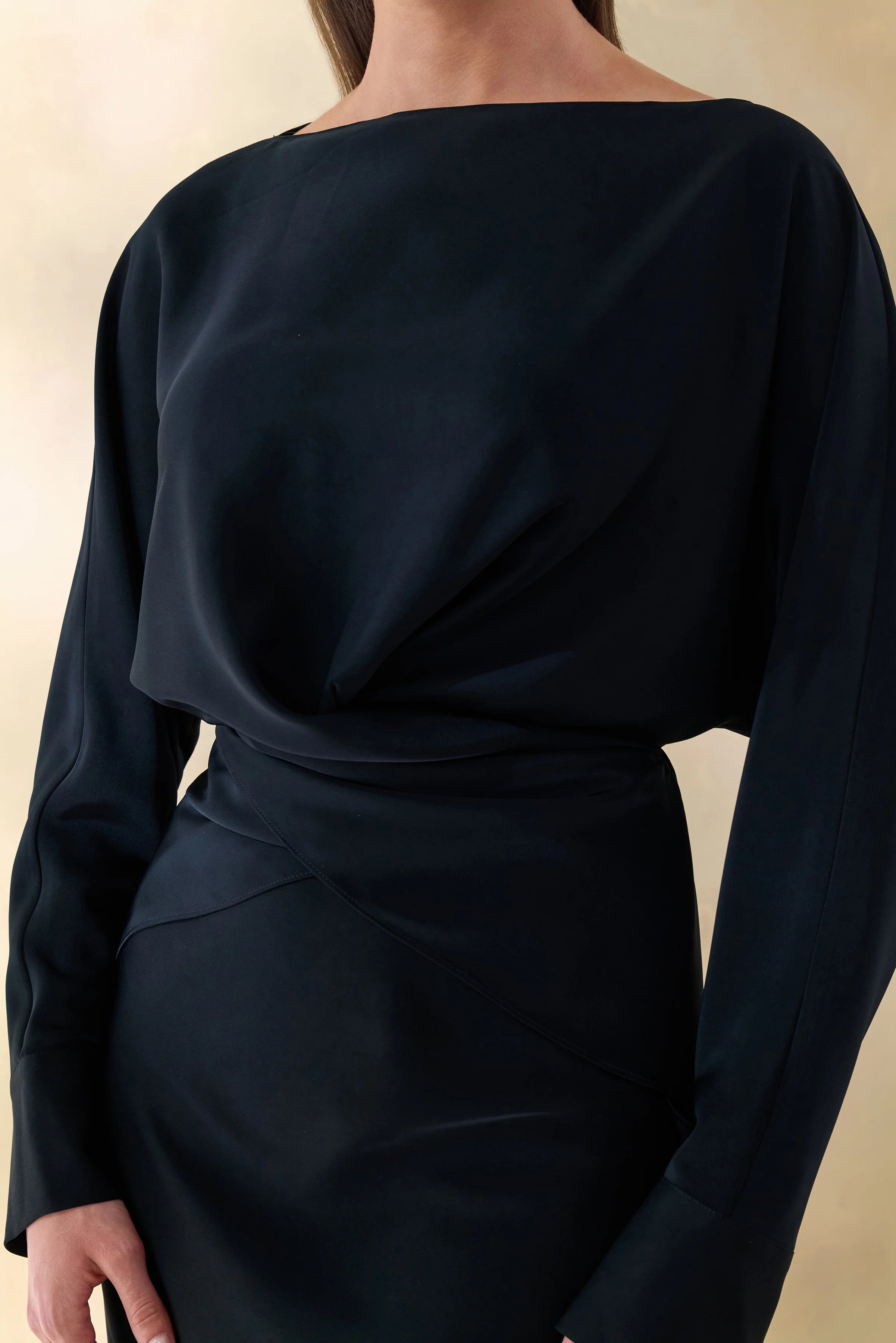 Miravia Black Satin Wide Neck Long Sleeve Top