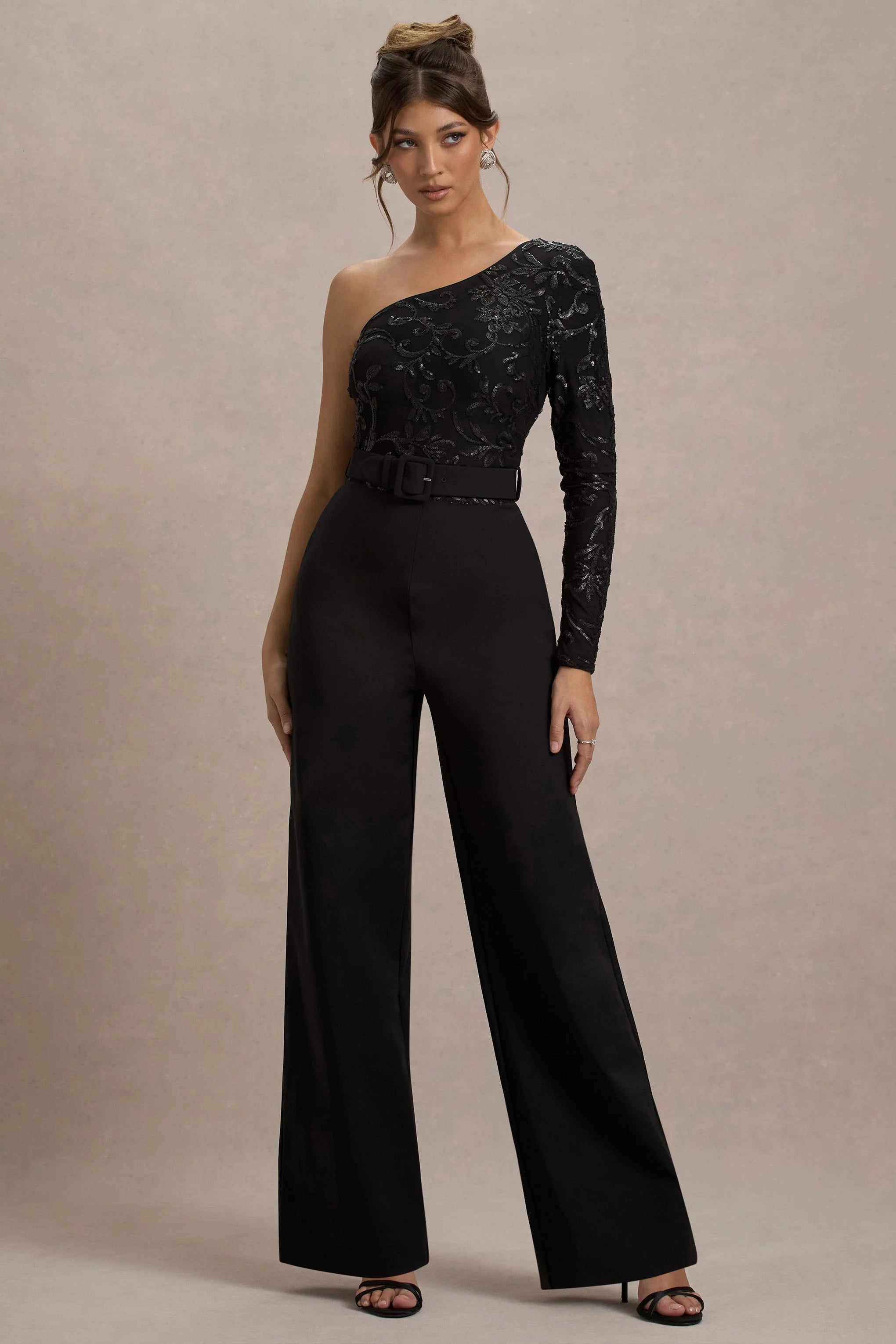 Upgrade Black Lace Asymmetric Belted Wide Leg Jumpsuit