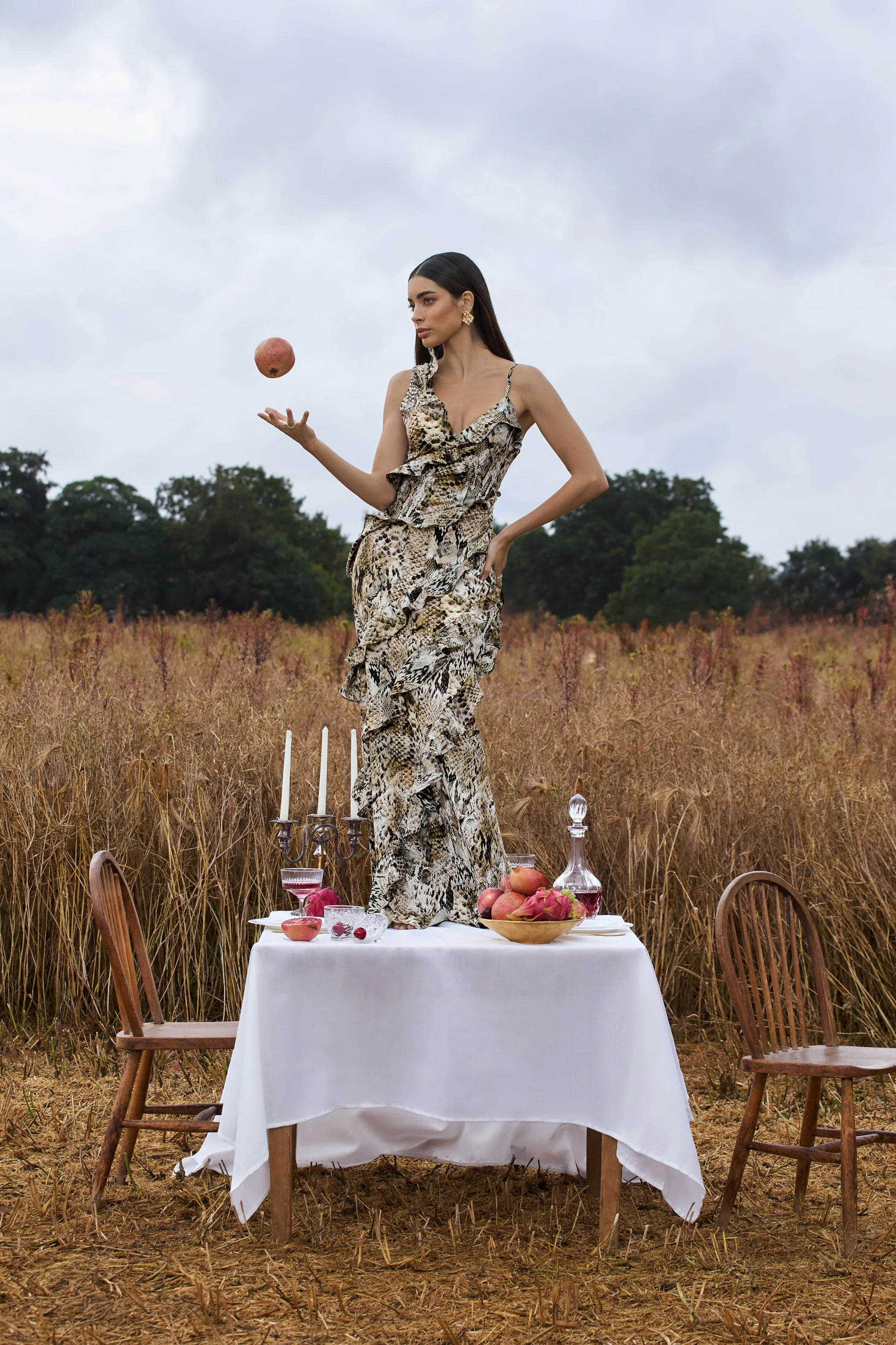 Wispy Snake Print Plunge Neck Ruffled Maxi Dress