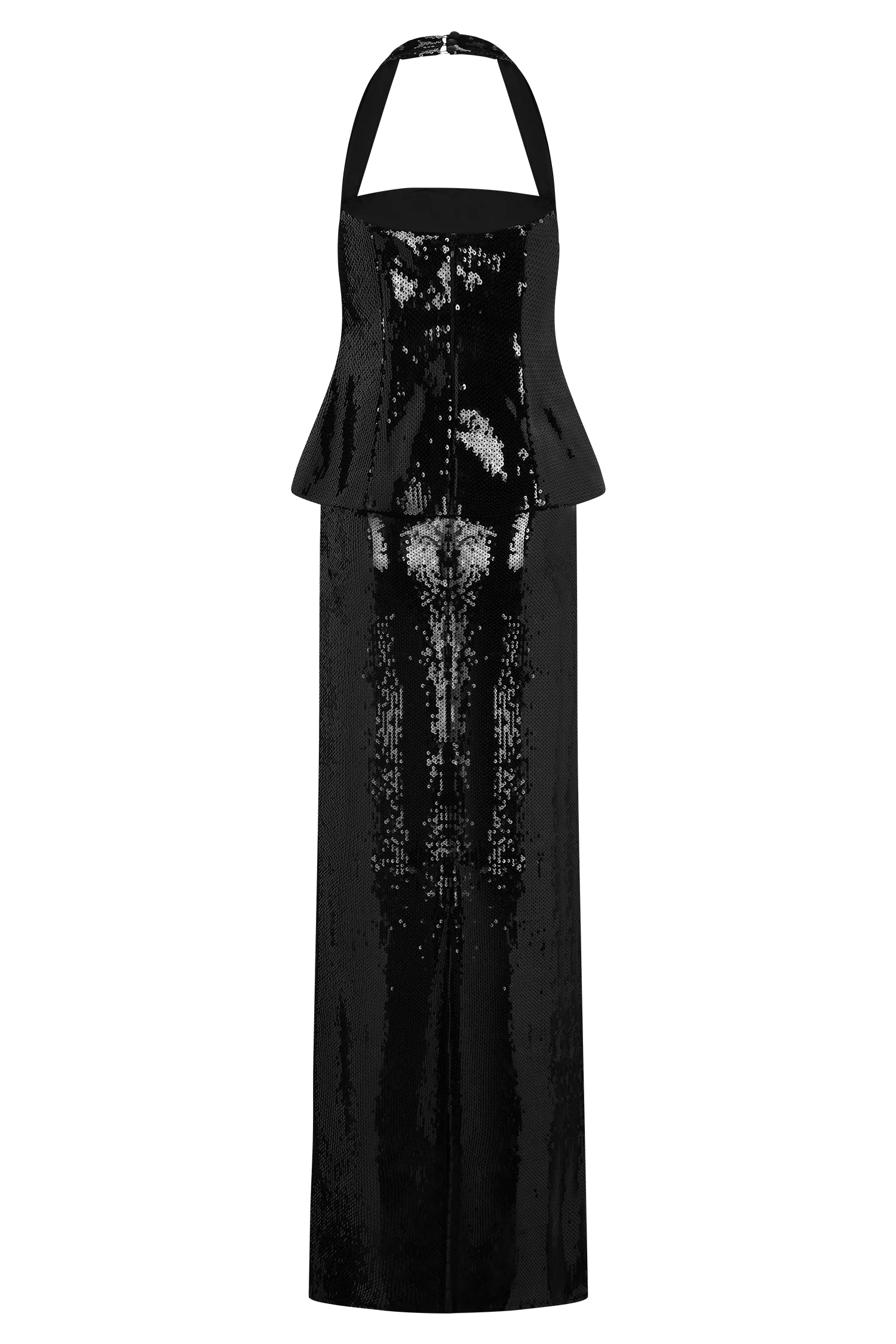 Bertie Sequin Peplum Halter Maxi Dress Black