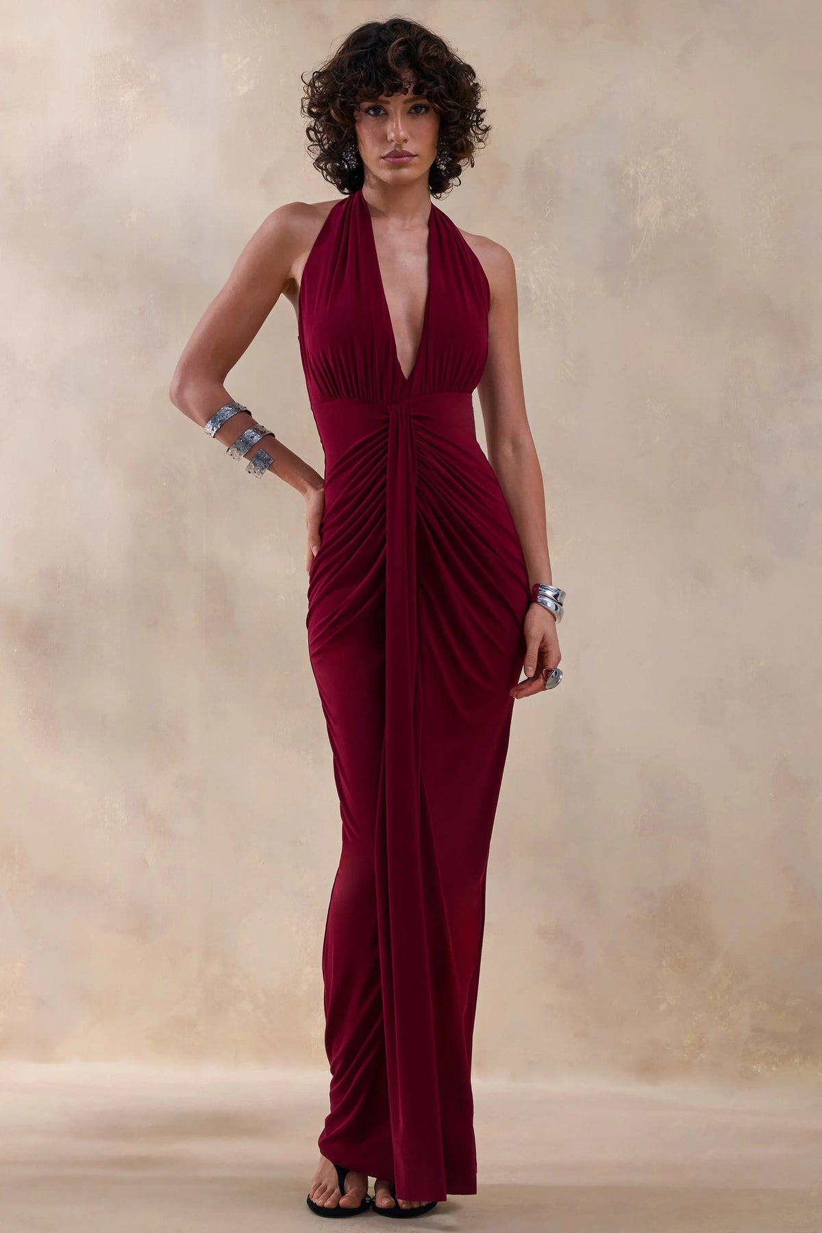 Lesley Burgundy Plunge Neck Maxi Dress