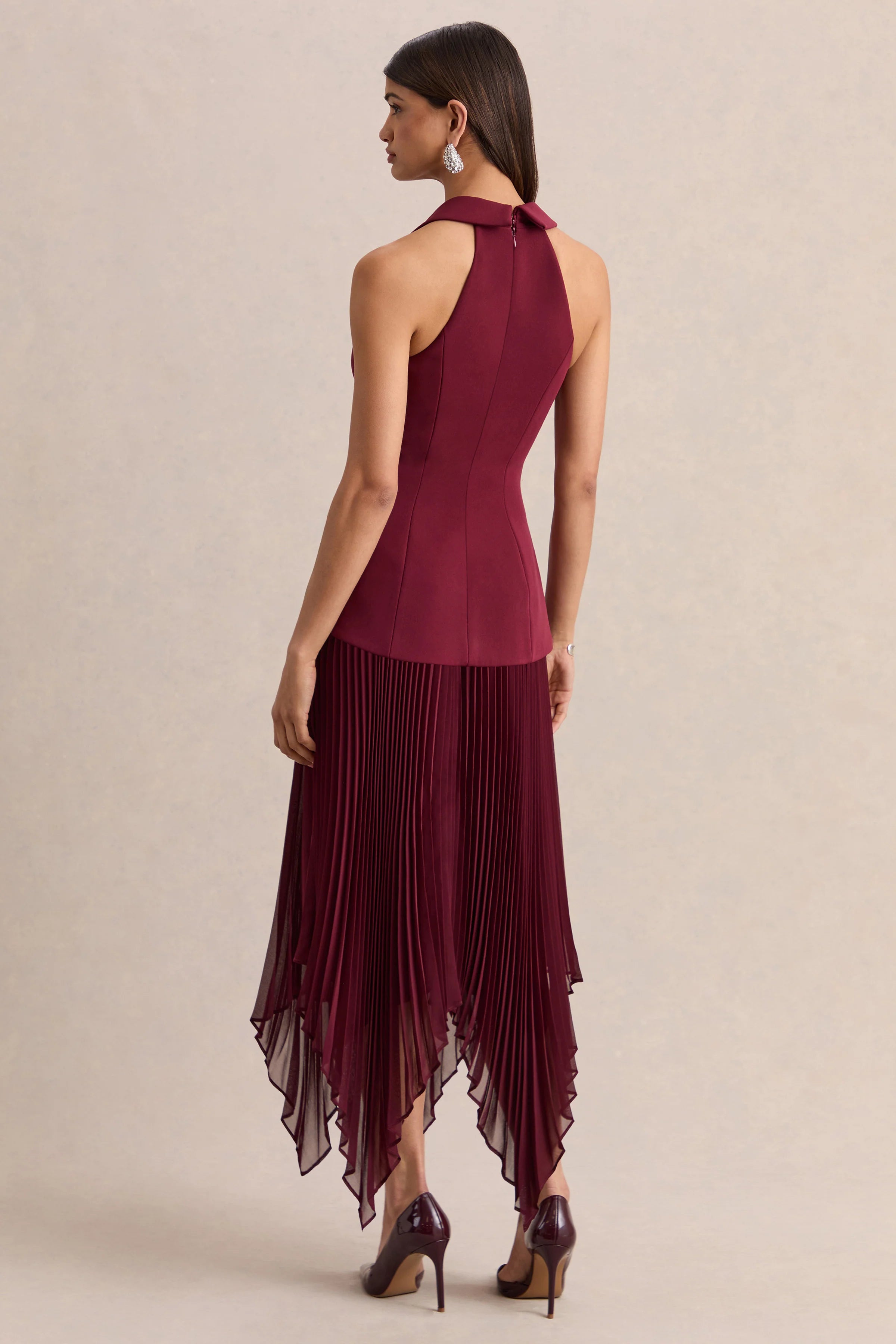 Marvelle Burgundy Plunge Neck Maxi Dress With Hanky Hem
