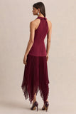 Marvelle Burgundy Plunge Neck Maxi Dress With Hanky Hem