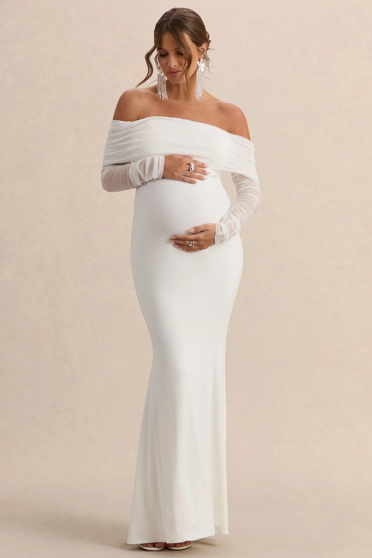 Pretty Perfect White Maternity Ruched Mesh Bardot Maxi Dress