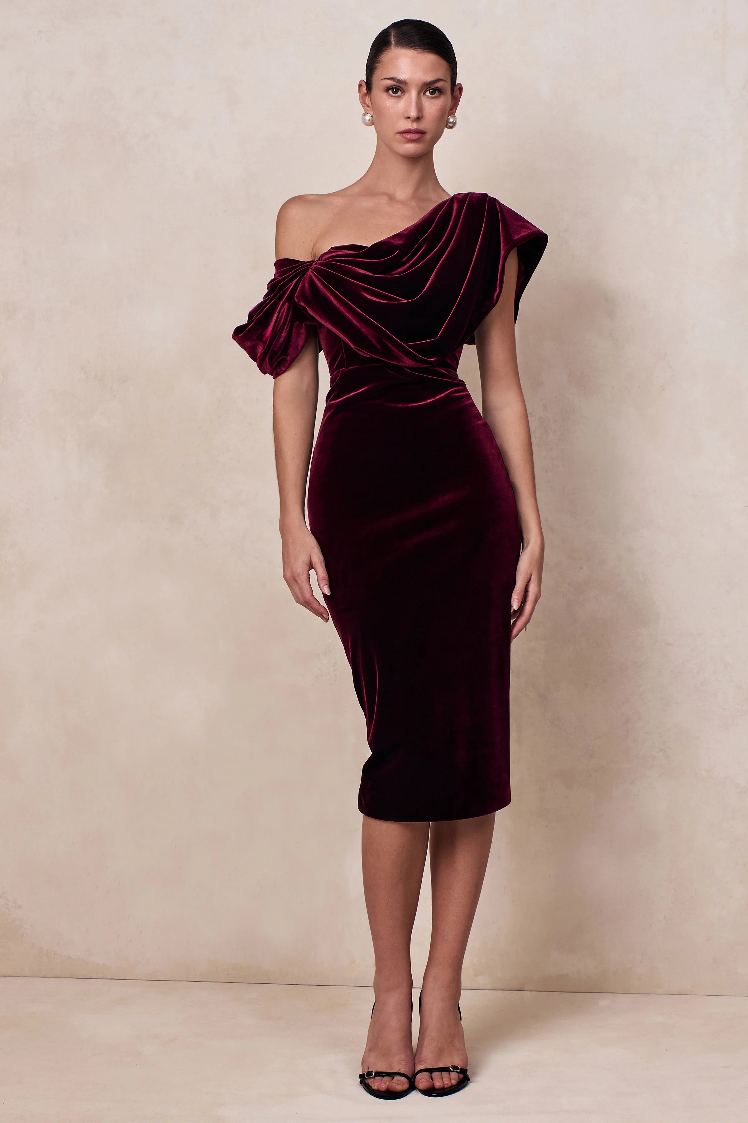 High End Burgundy Velvet Asymmetric Neck Midi Dress With Draped Detailing