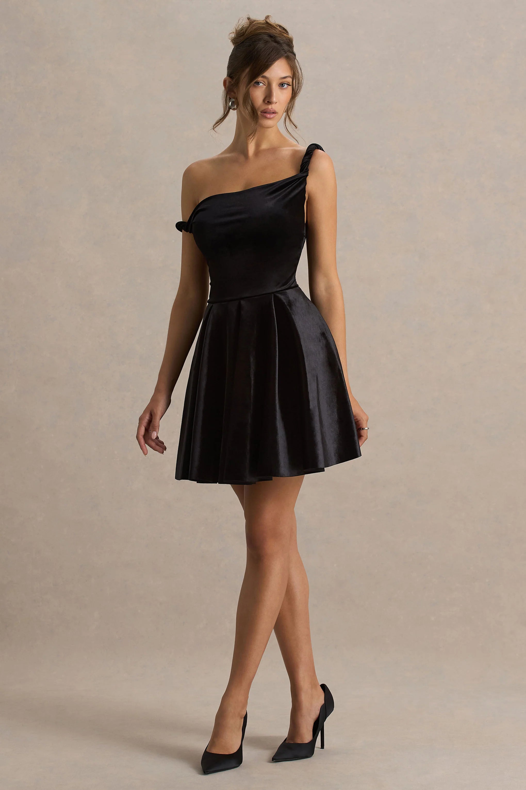 Leticia Black Asymmetric Neck Velvet Mini Dress With Twist Sleeve