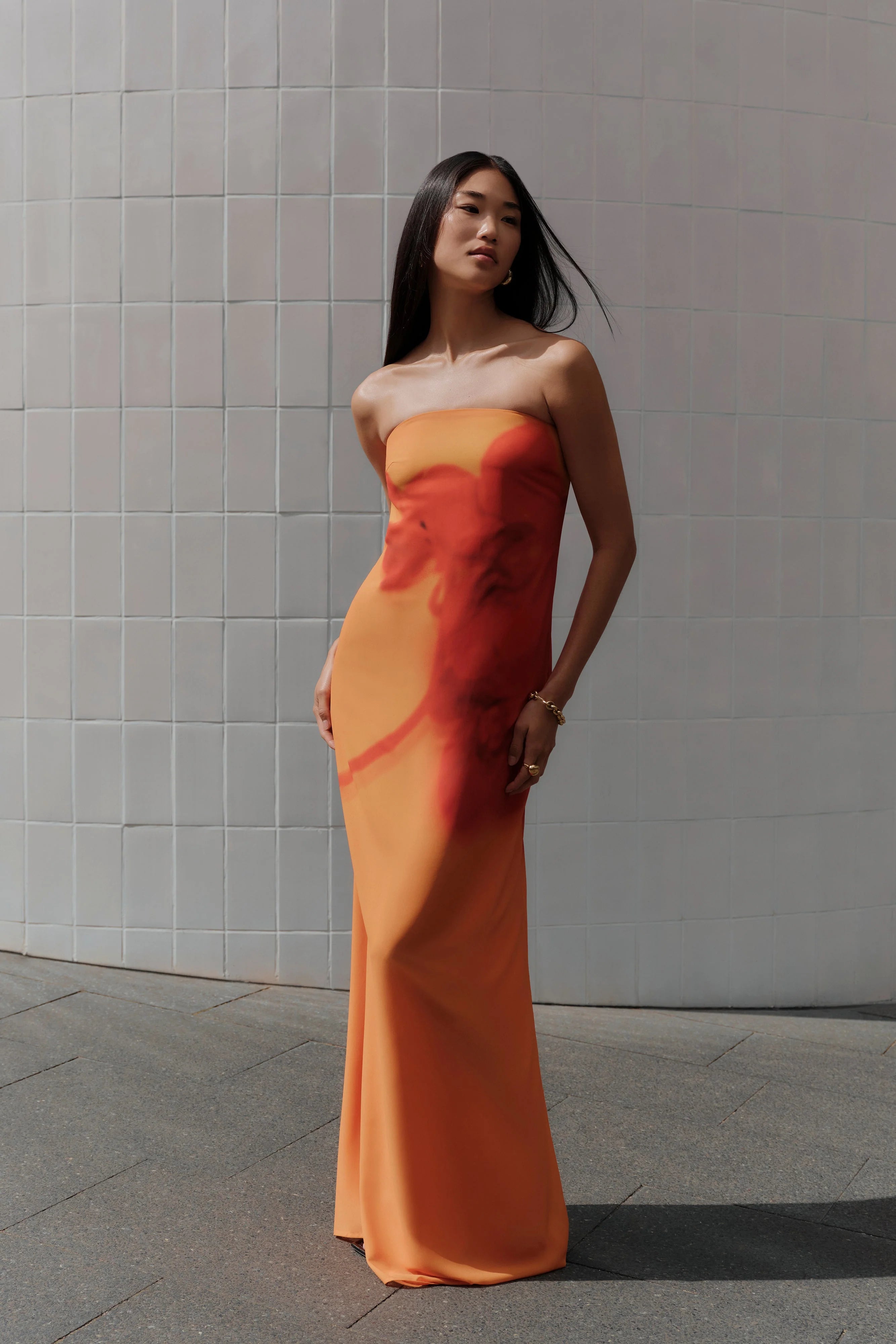Amaya Strapless Chiffon Maxi Dress Koi Orchid Print