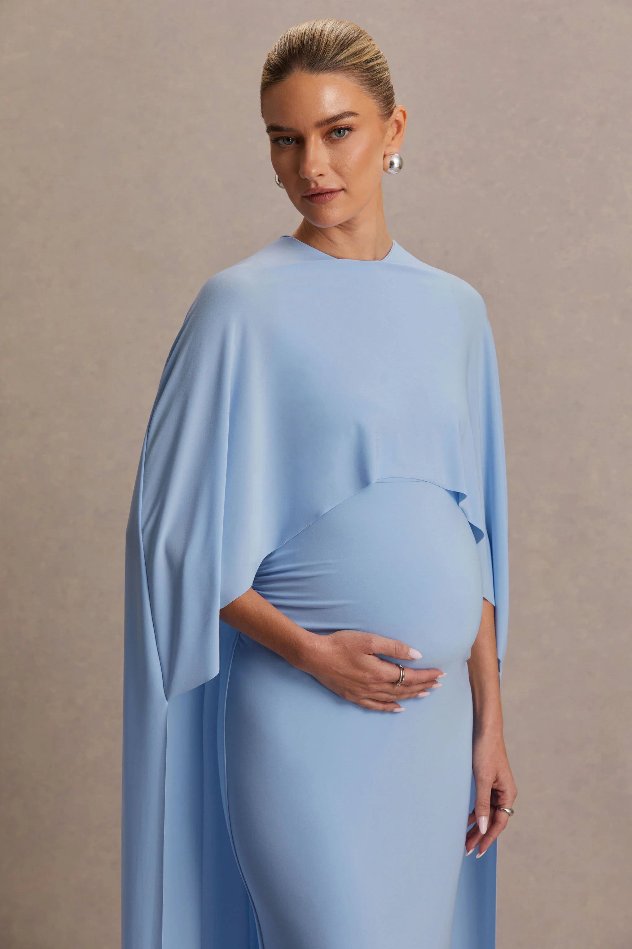 Padma Powder Blue Draped Maternity Maxi Dress With Cape Sleeves
