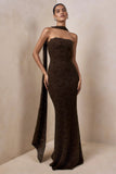 Massima Brown Lace Bandeau Maxi Dress With Scarf Detail