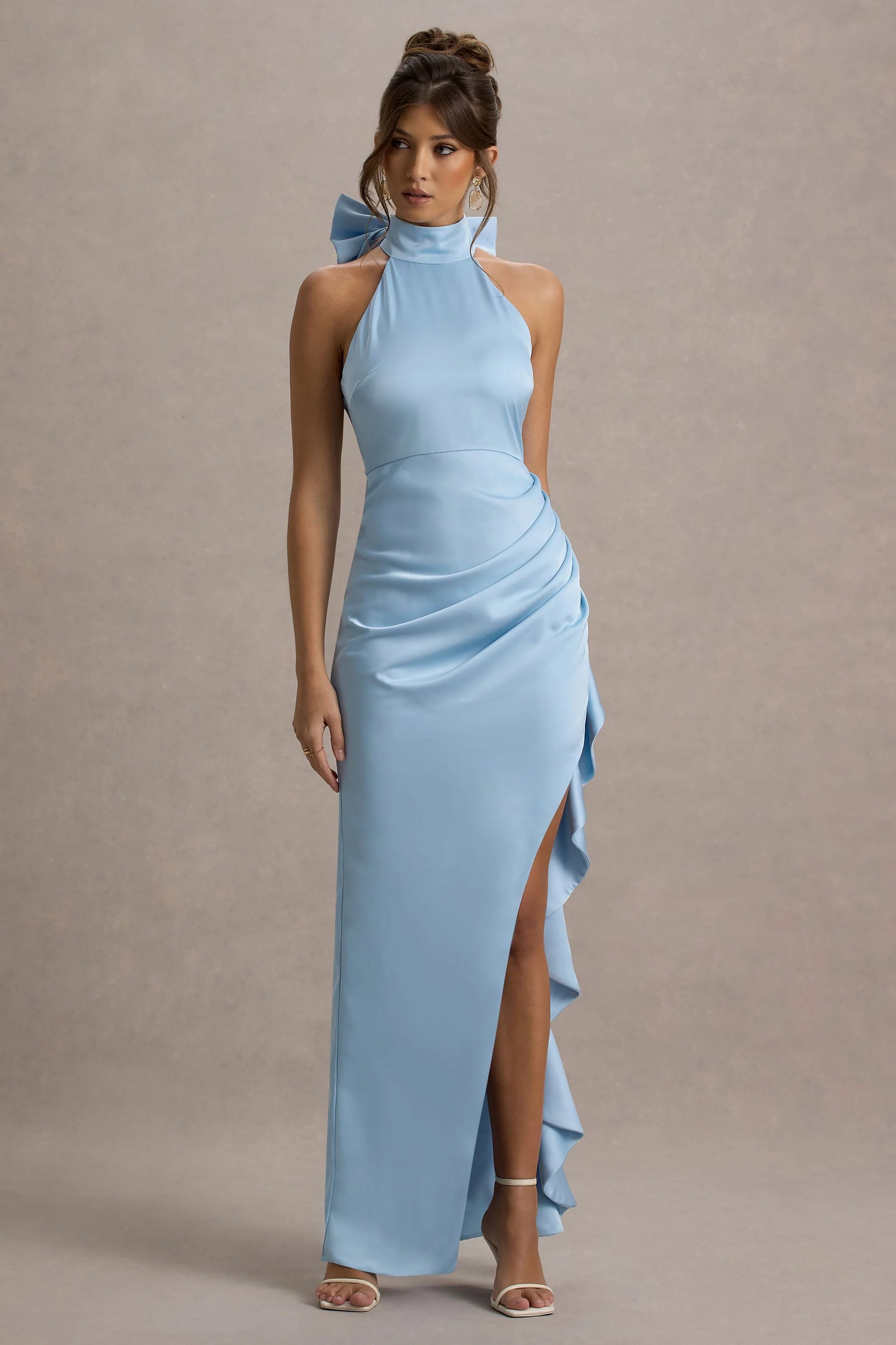 Maureen Powder Blue Satin High Neck Draped Maxi Dress