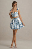 Modella Blue Porcelain Print Skater Mini Skirt