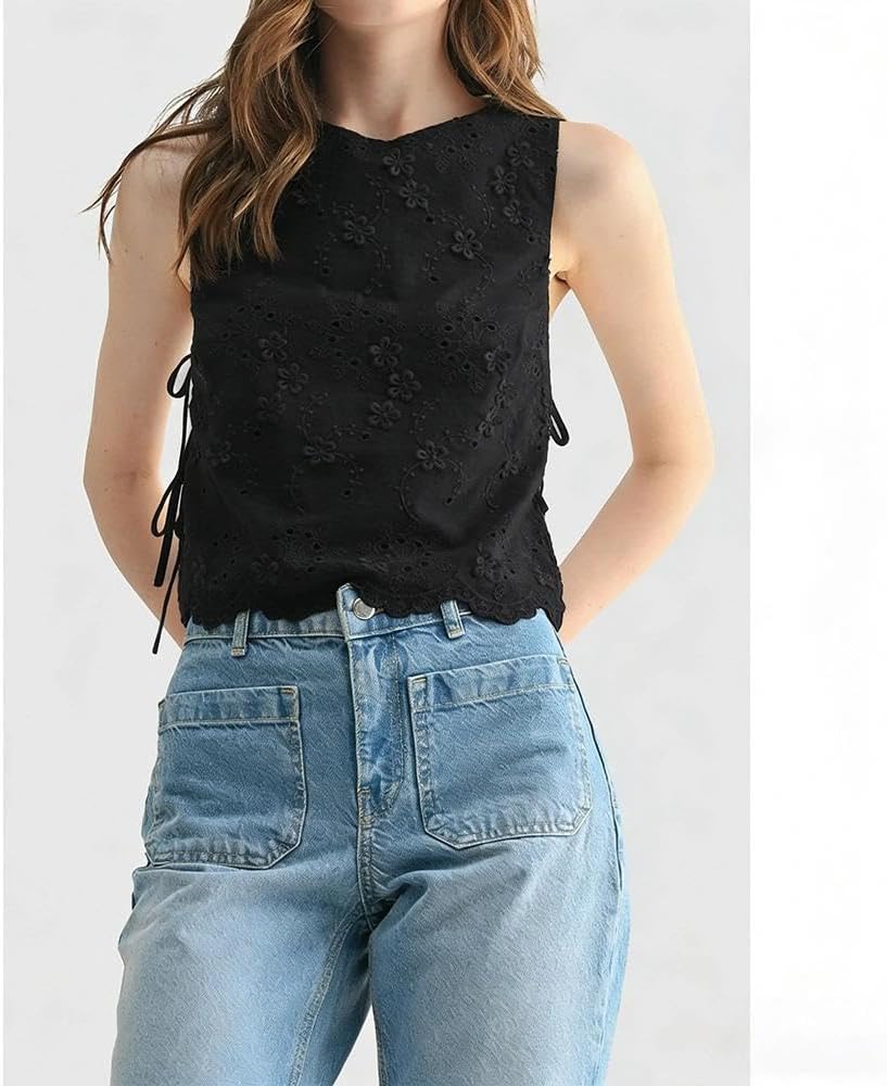 Women Eyelet Embroidered Tank Top Sleeveless Side Tie Summer Going Out Crop Top