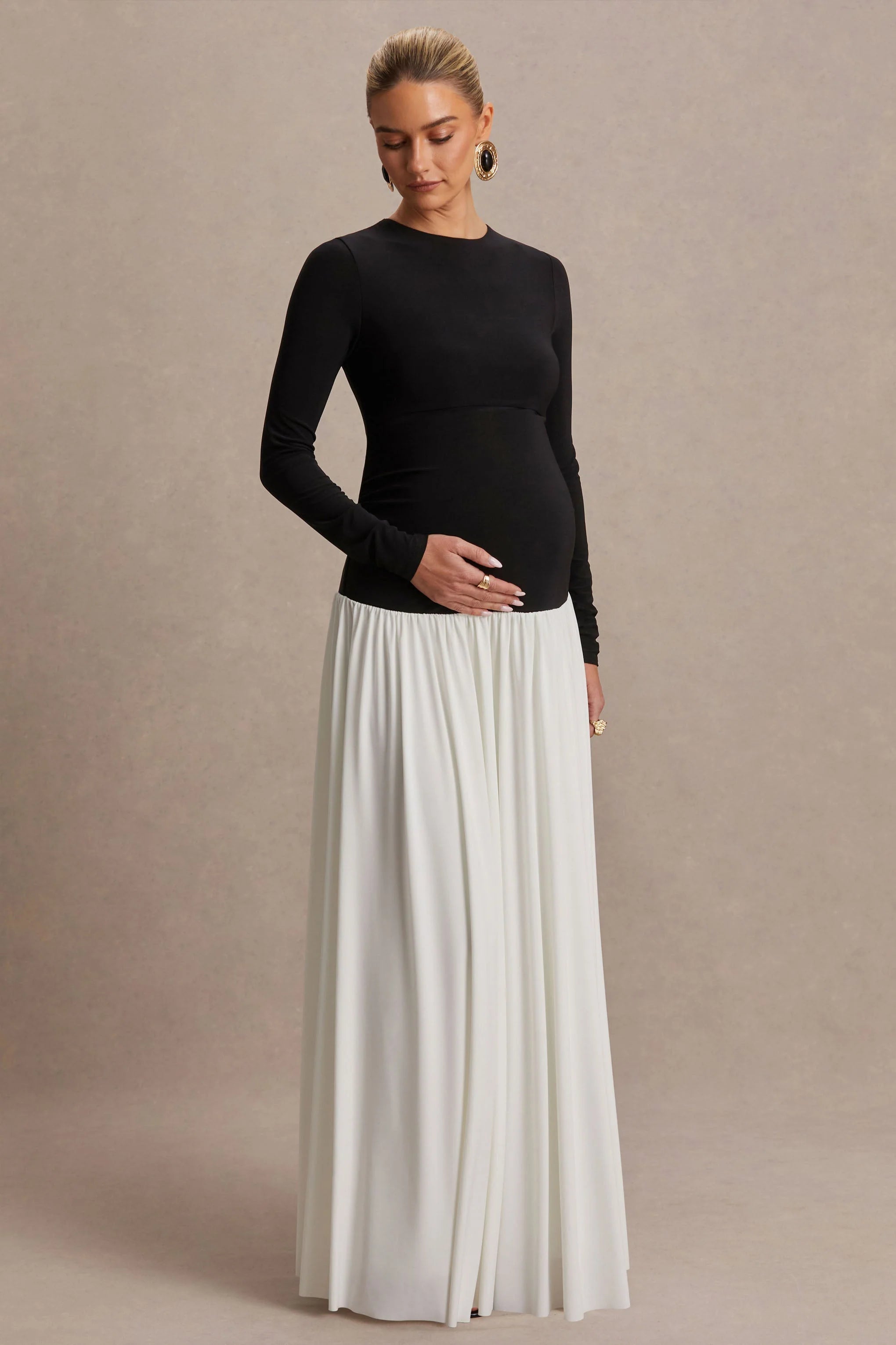 Monroe Black And White Crew Neck Maternity Maxi Dress With Drop Waist