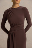 Virelle Brown Boat Neck Maxi Dress With Wrap Detail And Sash