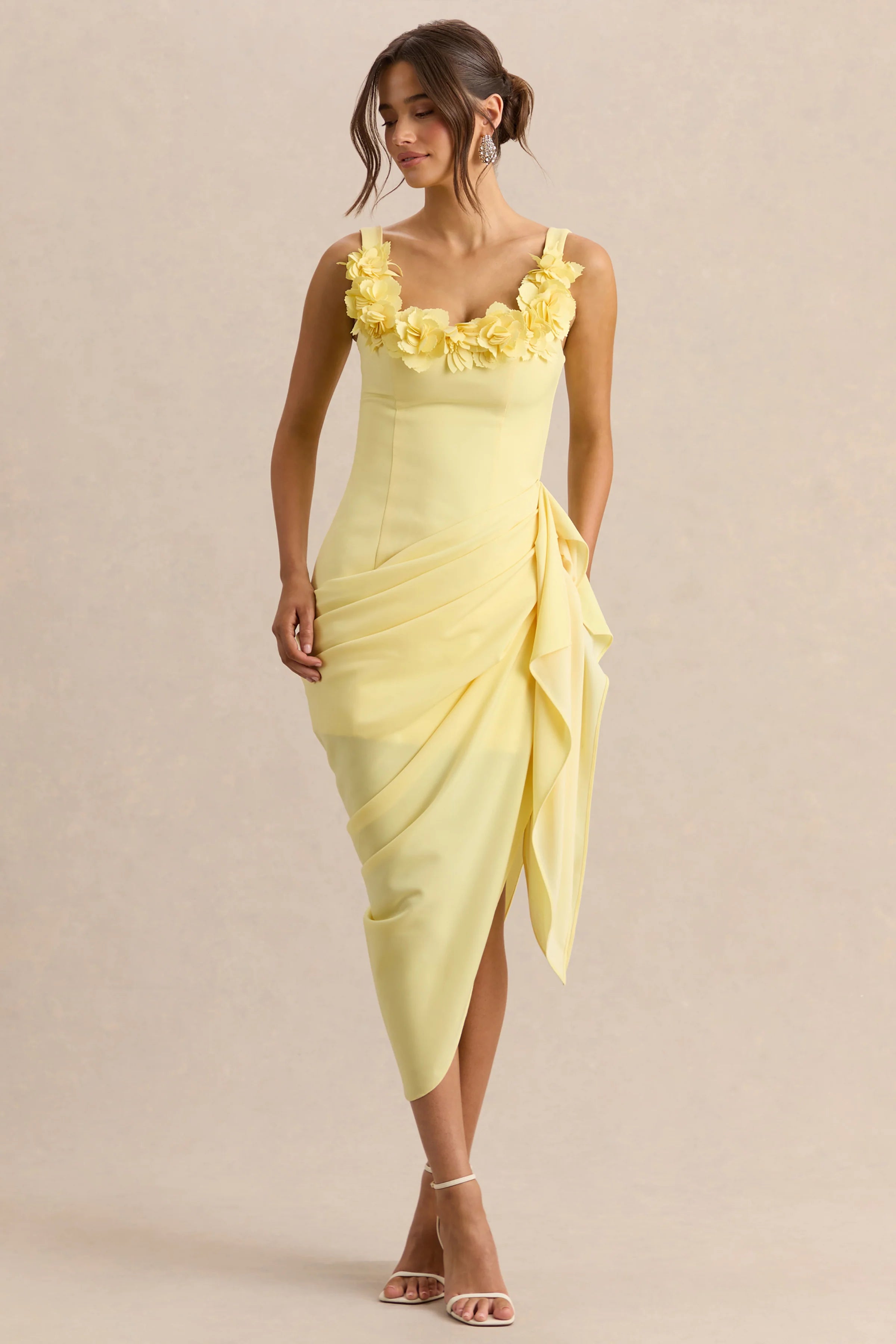 Letitia Lemon Scoop Neck Embellished Wrap Midi Dress