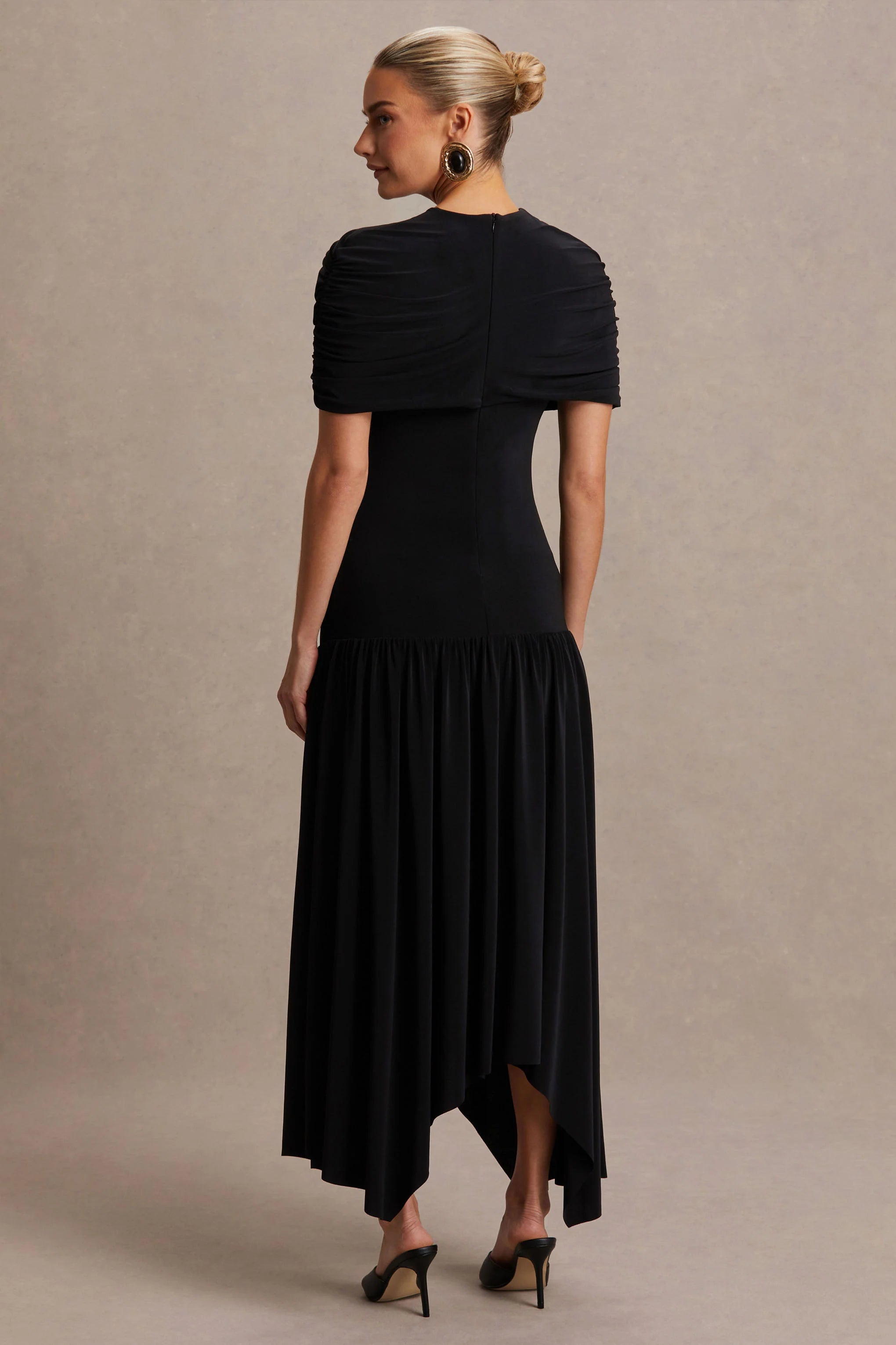 Eleni Black Crew Neck Maternity Maxi Dress With Cape Sleeves And Drop Waist