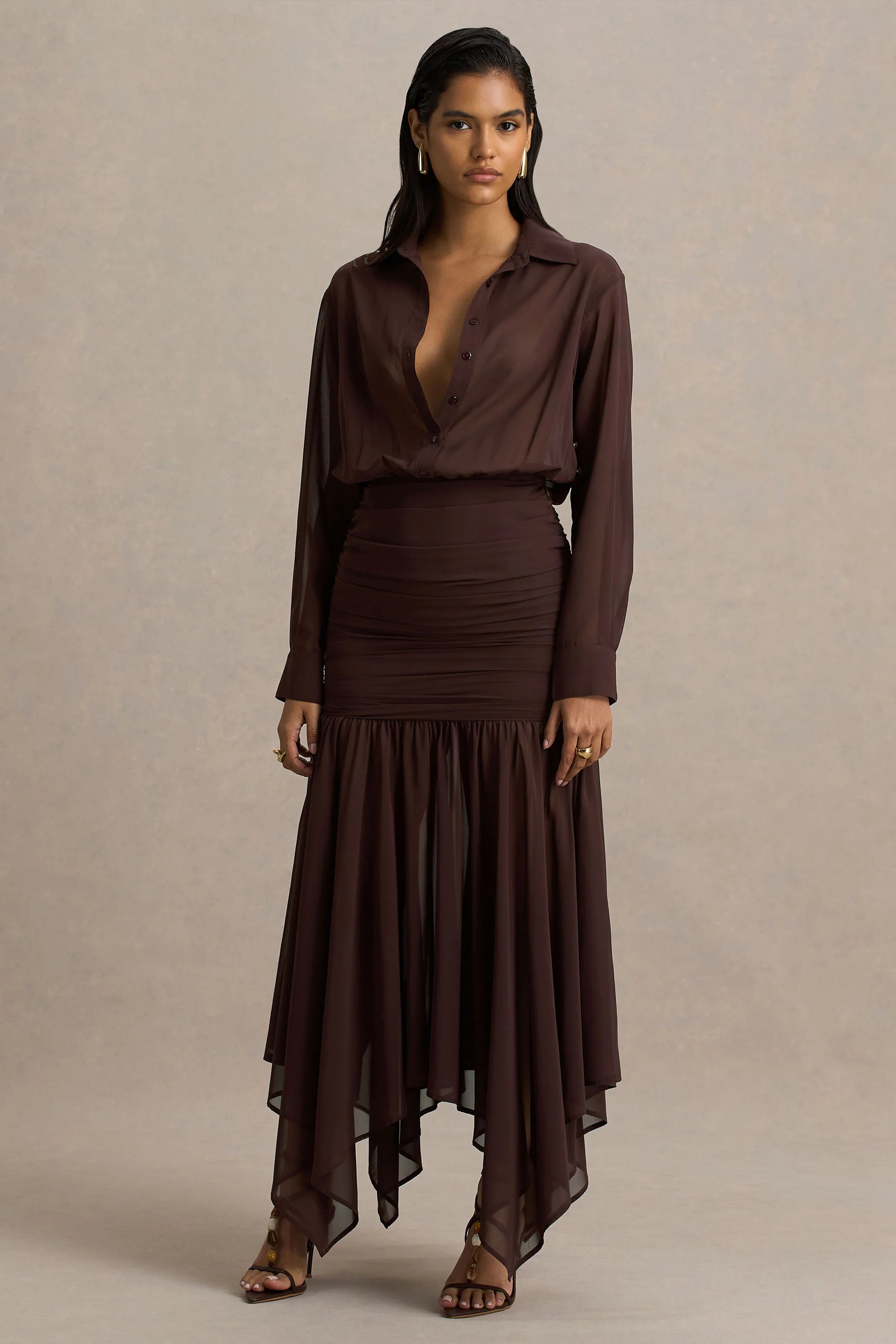 Kris Brown Plunge Neck Maxi Dress With Ruched Detailing
