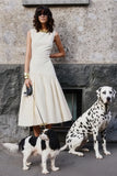 Fantasia Cream Boat Neck Midi Dress With Asymmetric Drop Waist